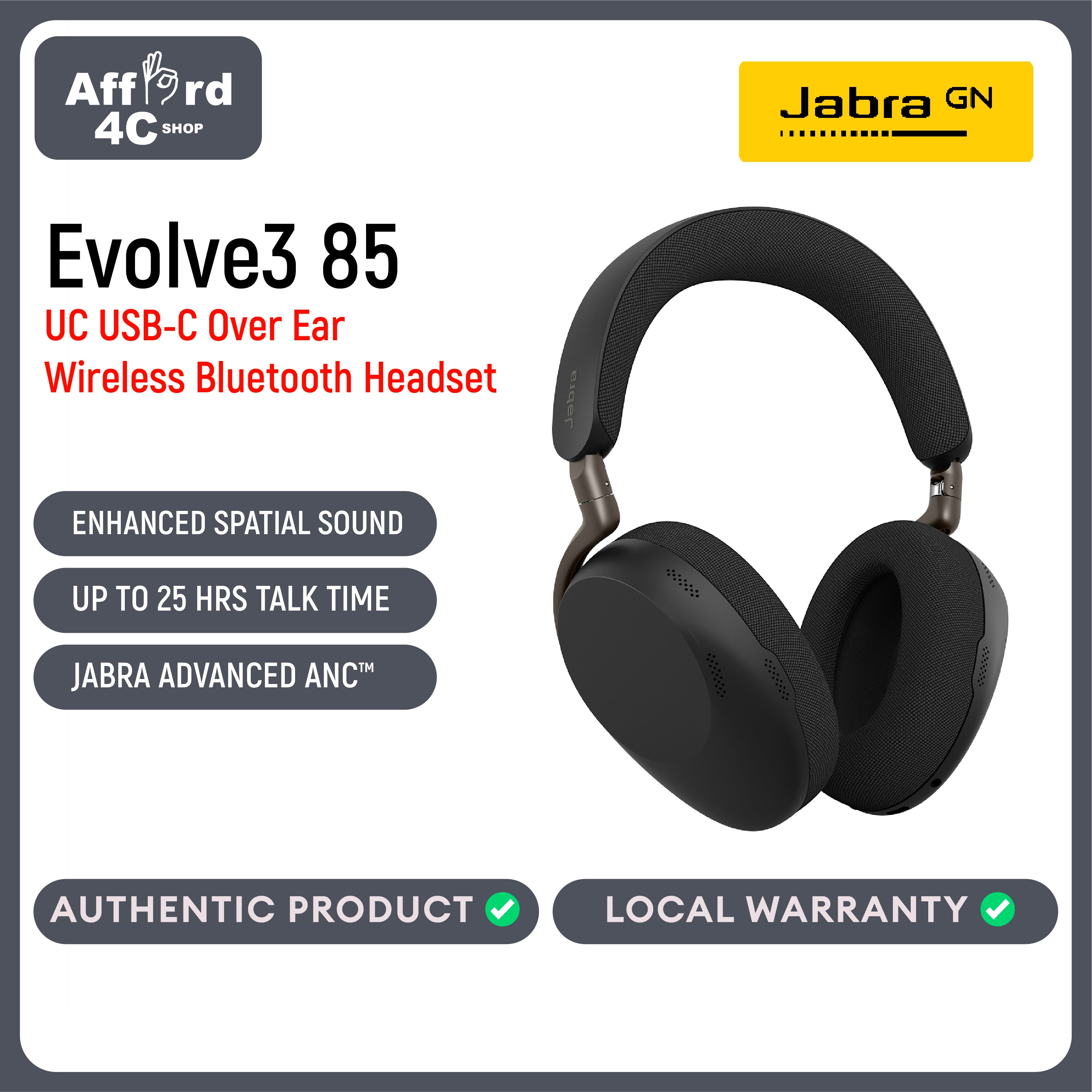 Jabra Evolve3 85 Over-Ear USB-C Wireless Bluetooth Headset with Microphone for Work, AI Voice Call Technology, Adaptive Active Noise Cancellation, 25-Hour Battery, Works with Meeting Apps