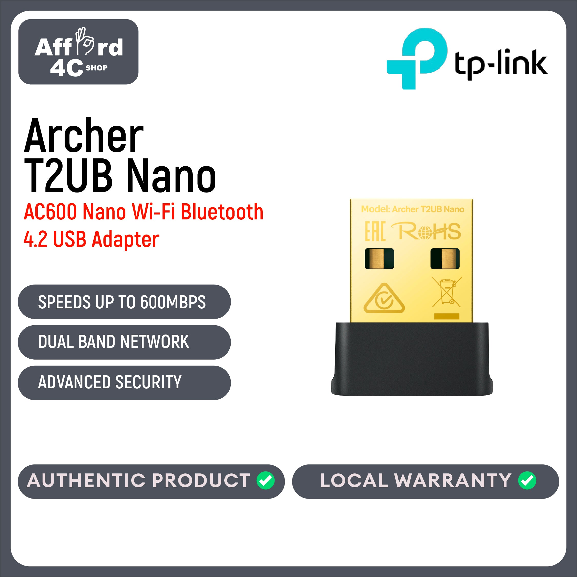 TP-Link Archer T2UB Nano AC600 Nano Wi-Fi Bluetooth 4.2 USB Adapter