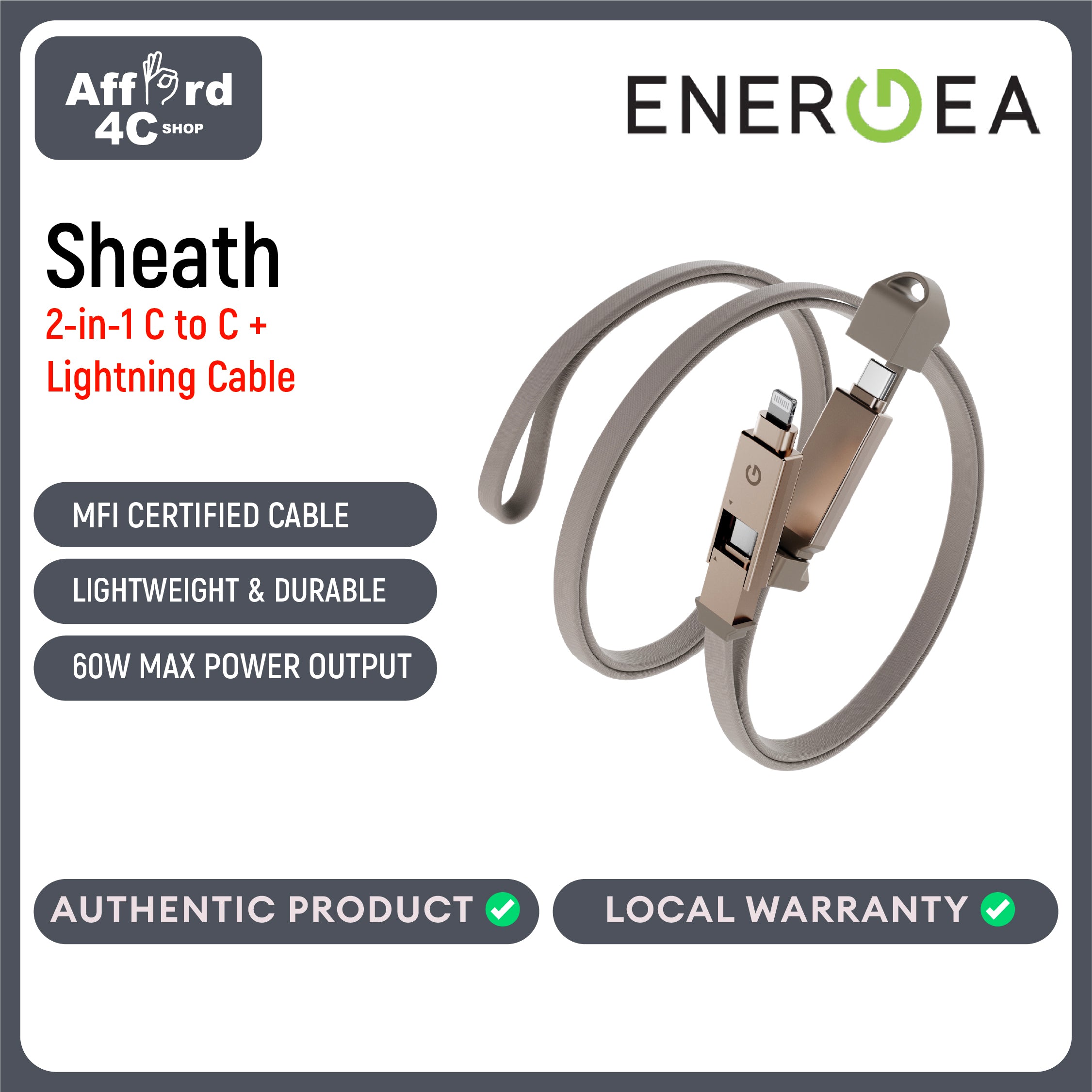 Energea Sheath 2-In-1  C To C + Lightning Cable, 480Mbps, 60W, 1M -Gun