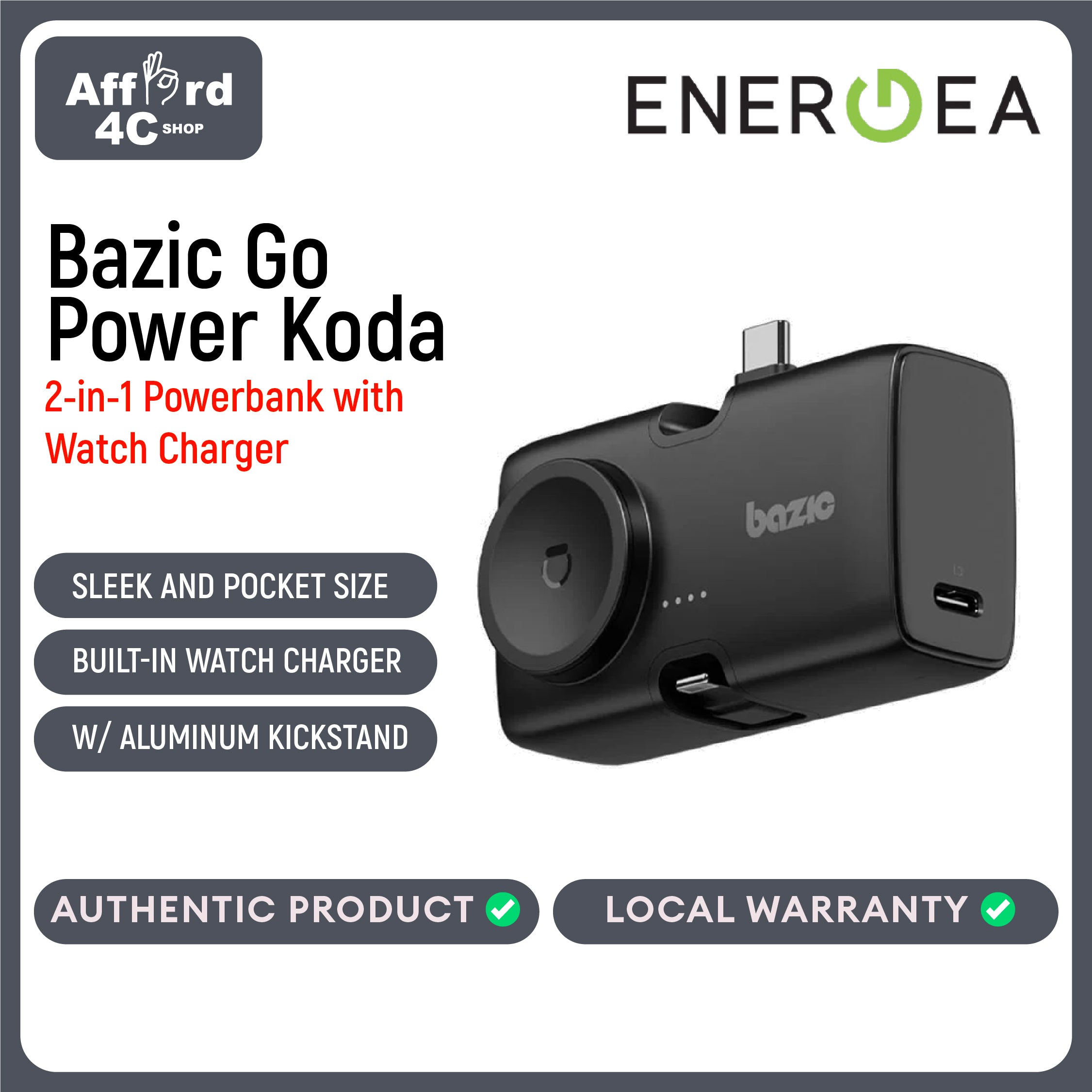 Bazic GoPower Koda, 2in1 5000MAH Foldable Usb-C / Lightning Pin Powerbank with Apple Watch Charger