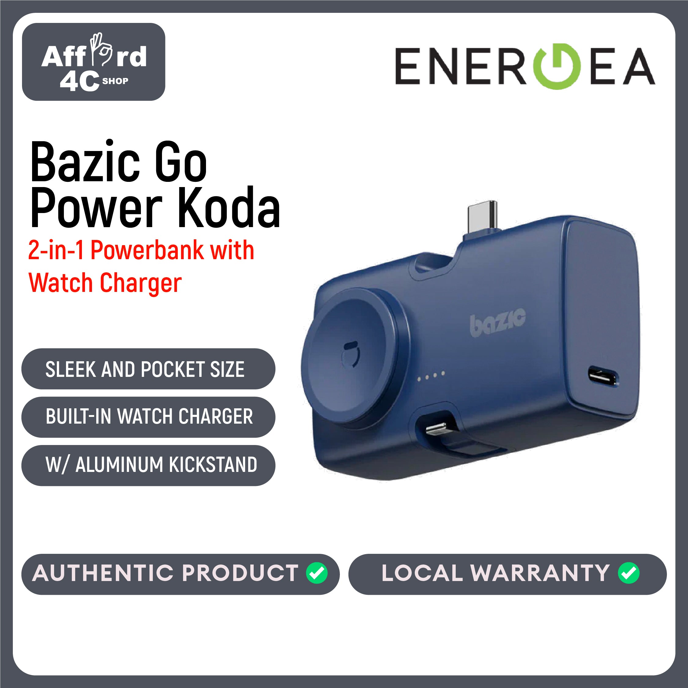 Bazic GoPower Koda, 2in1 5000MAH Foldable Usb-C / Lightning Pin Powerbank with Apple Watch Charger