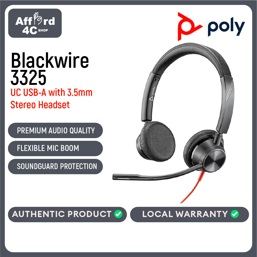 Poly Blackwire 3325 Stereo Microsoft Teams Certified USB-C Headset +3.5mm Plug +USB-C/A Adapter (8X222AA)