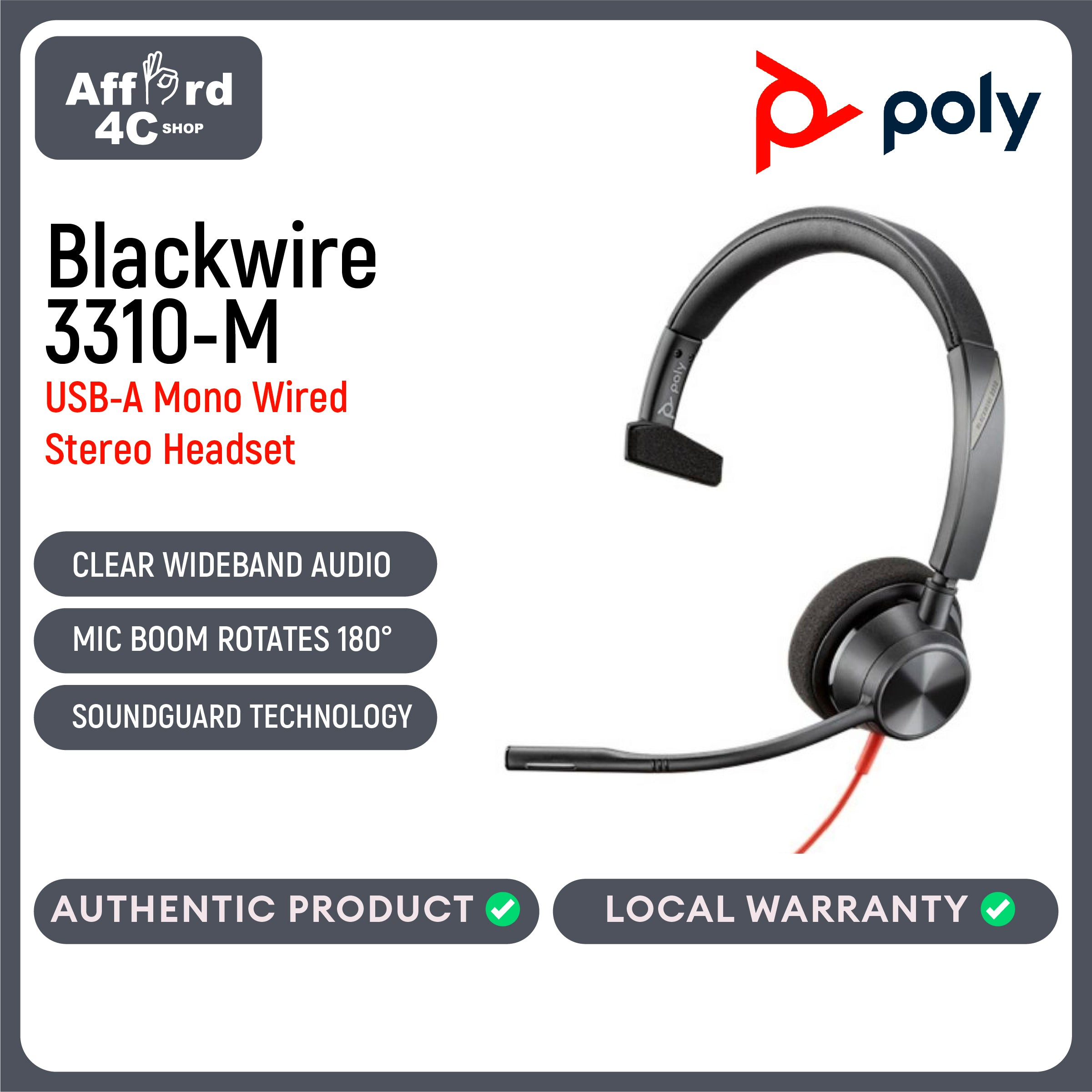 Plantronics Blackwire 3310-M USB-A Mono Headset