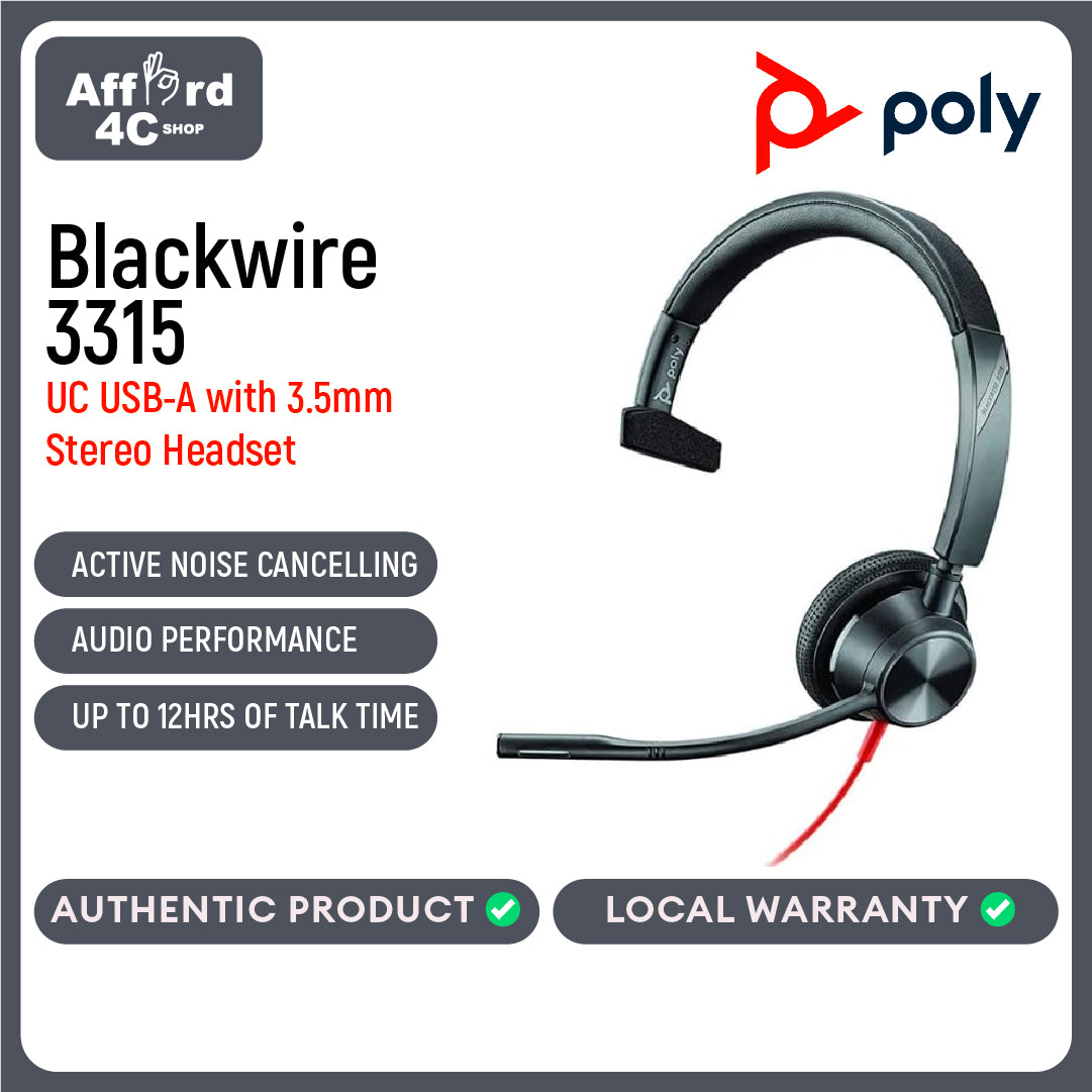 Poly Blackwire 3315 UC USB with 3.5mm Stereo Headset