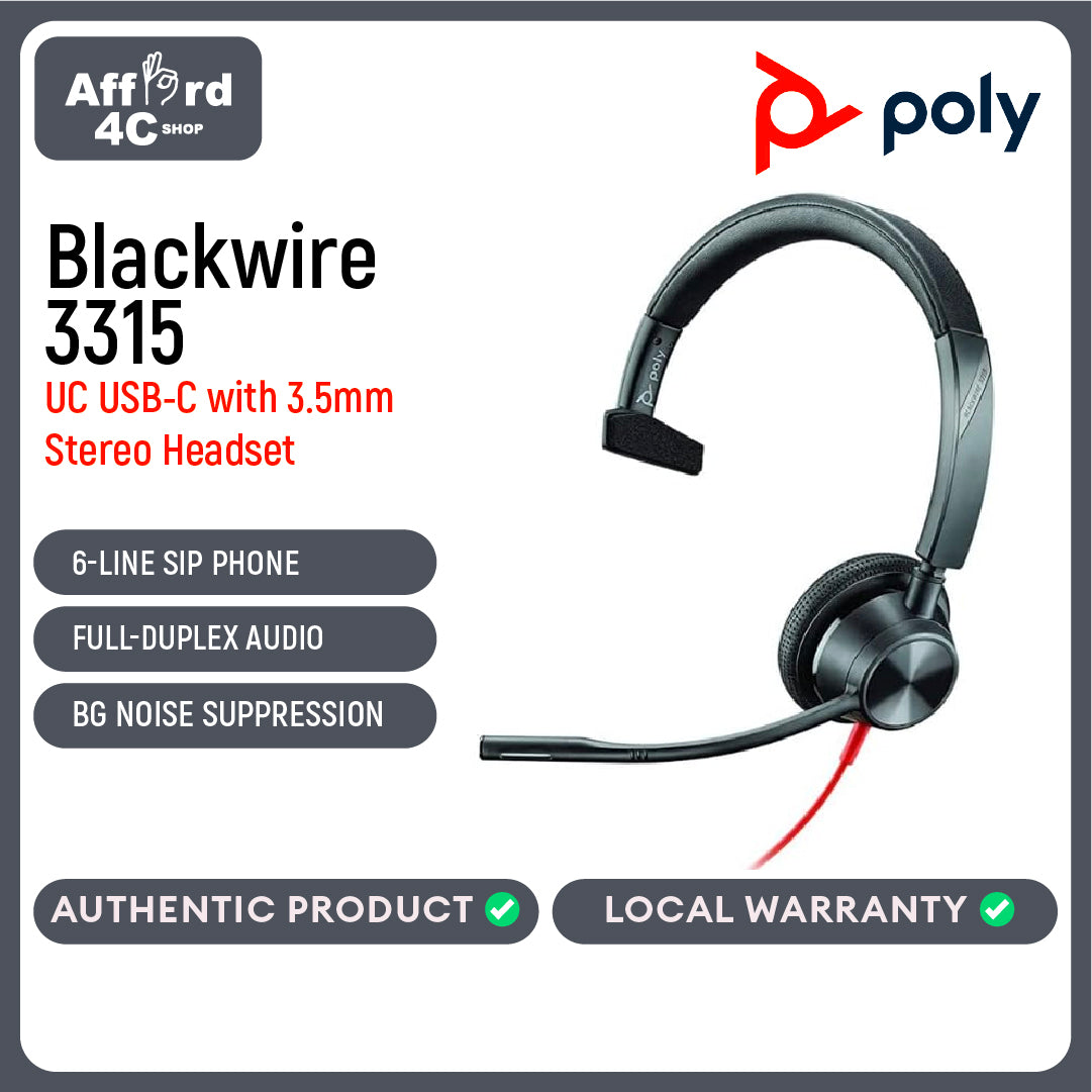 Poly Blackwire 3315 UC USB with 3.5mm Stereo Headset