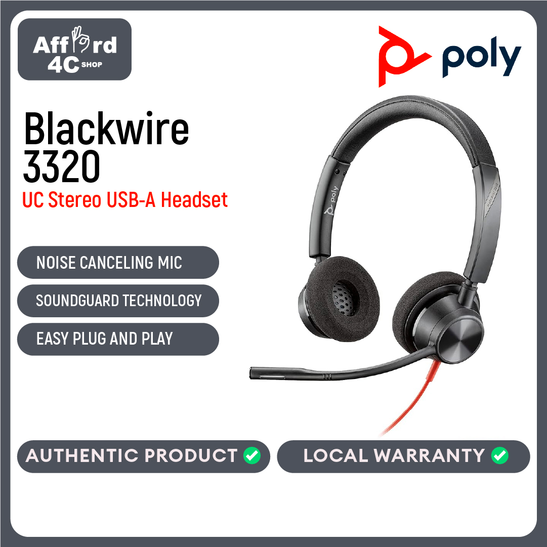 Poly Blackwire 3320 Stereo USB-C Headset +USB-C/A Adapter (8X219AA)