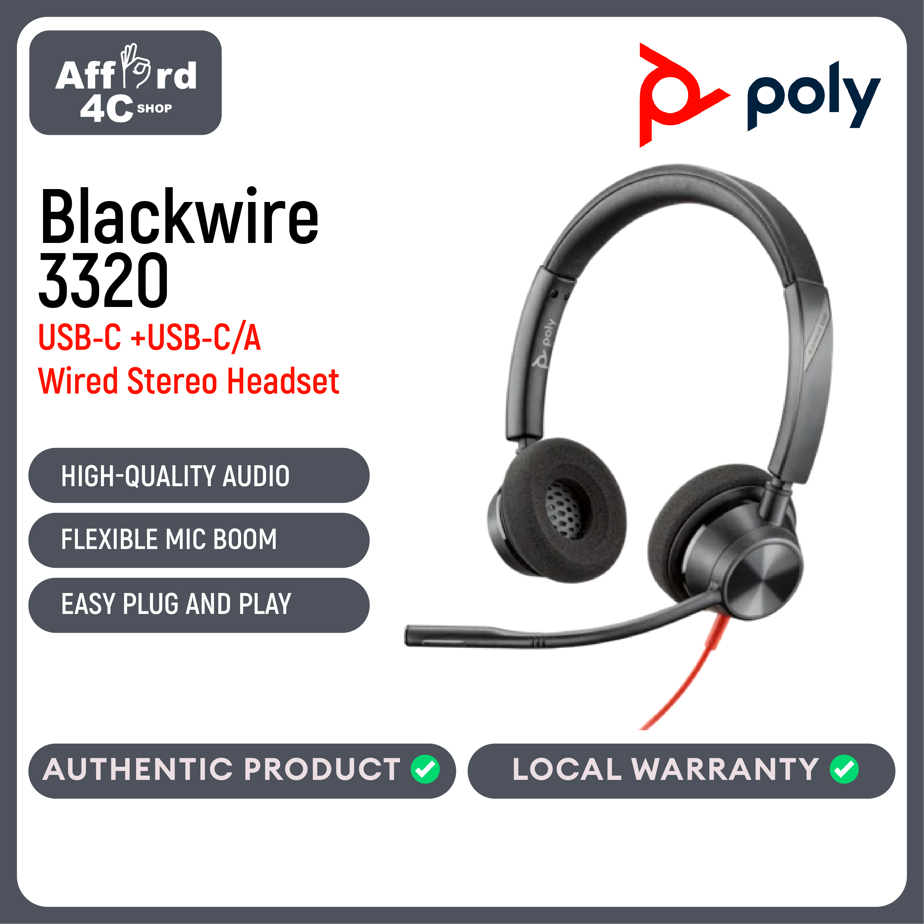 Poly Blackwire 3320 Stereo USB-C Headset +USB-C/A Adapter (8X219AA)