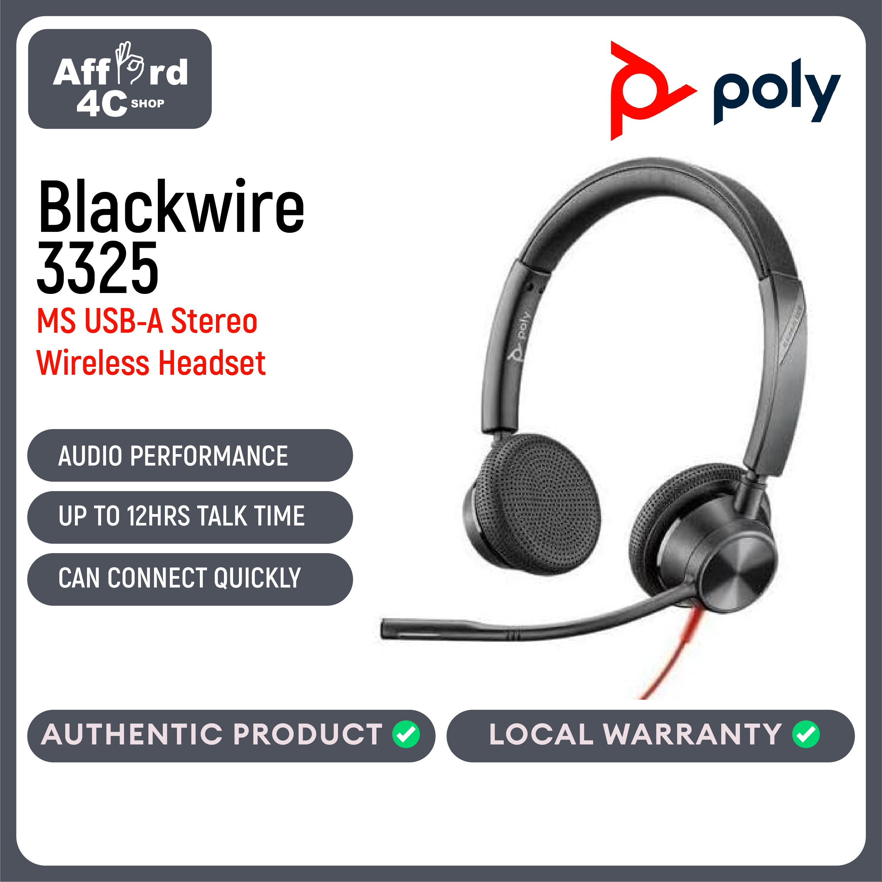 Poly Blackwire 3325 Microsoft Teams Certified USB-A Headset