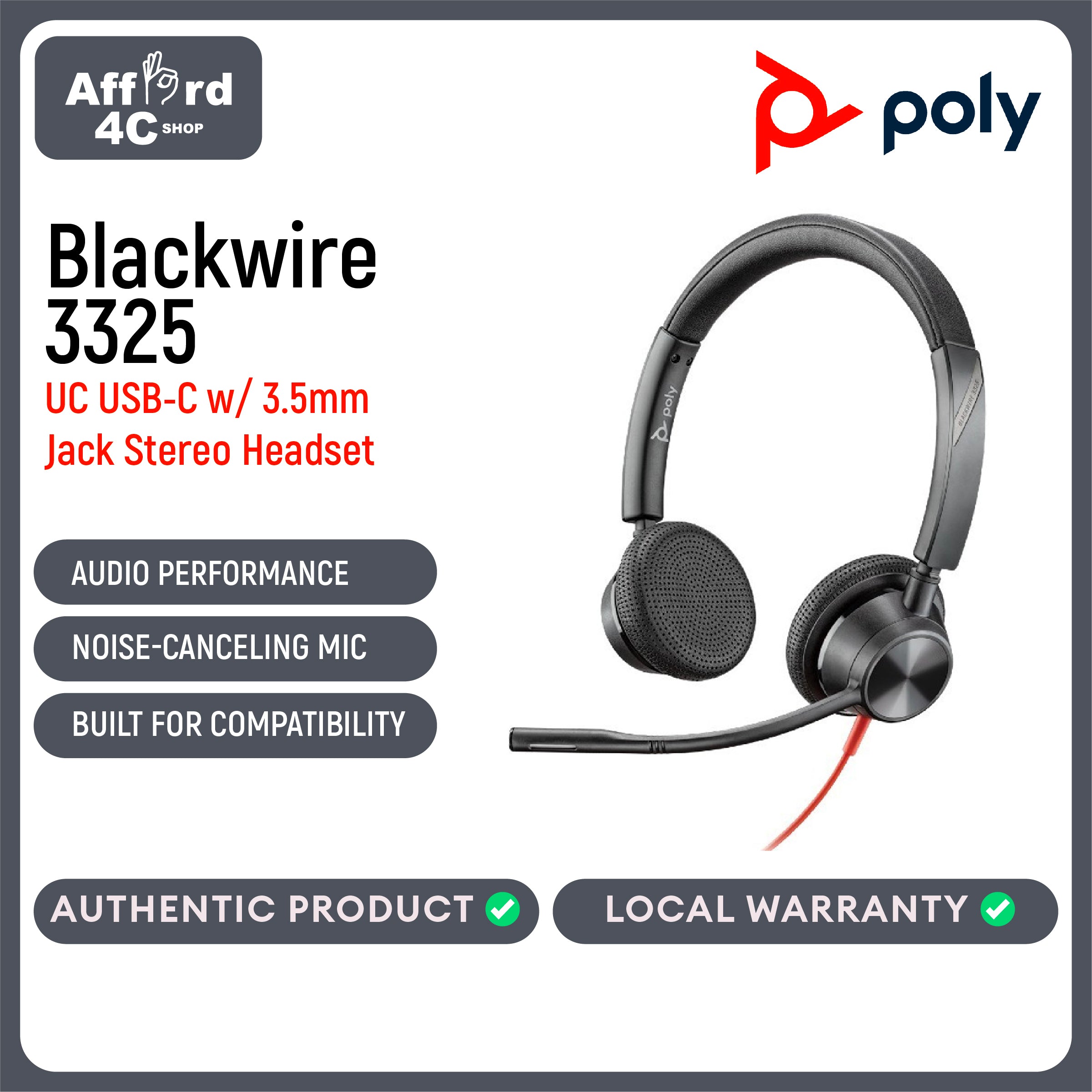 Plantronics Blackwire 3325 UC USB-C with  3.5mm Jack for Mobile/Tablet Connectivity Stereo Headset