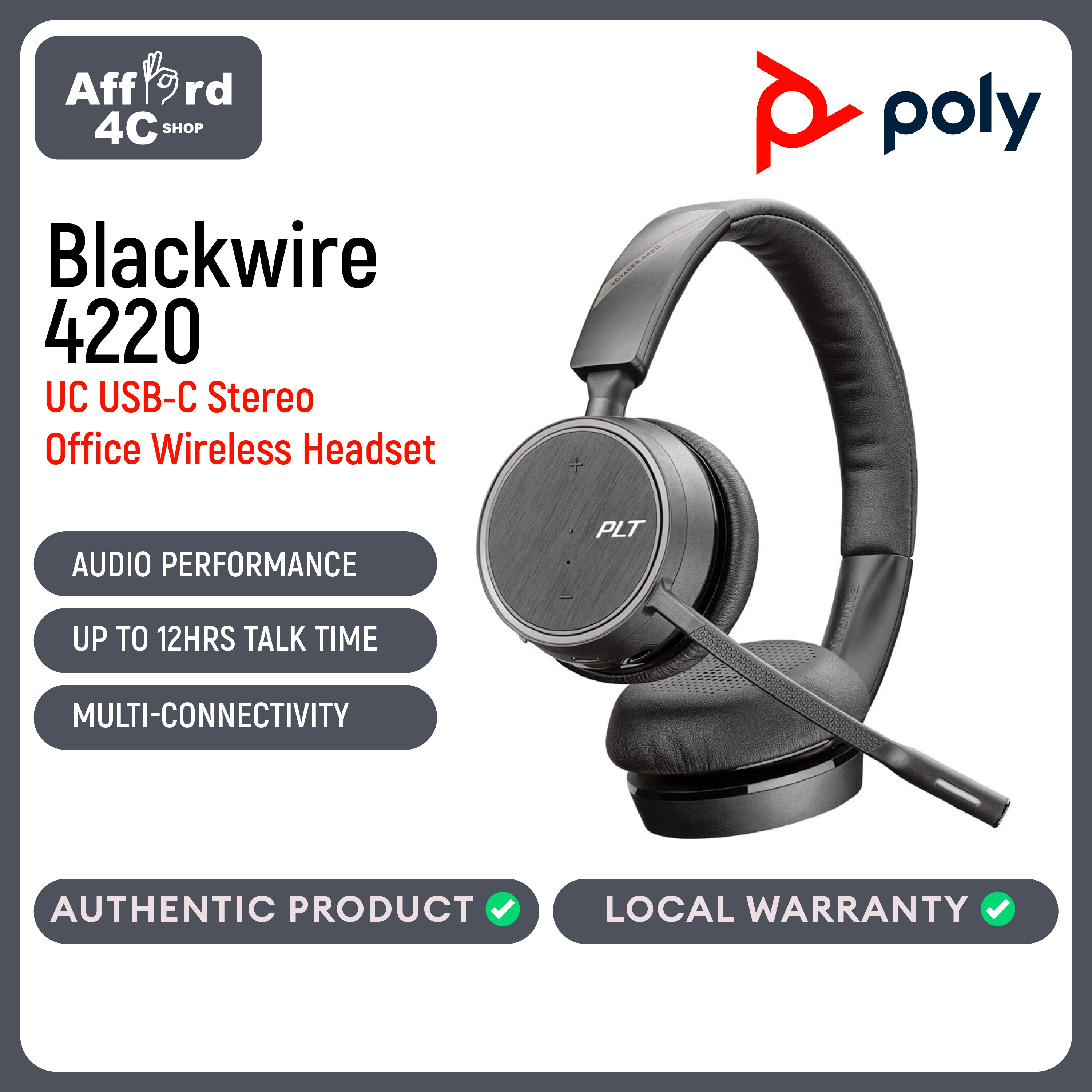Poly Voyager 4220 UC Stereo Bluetooth Office Headset USB-C
