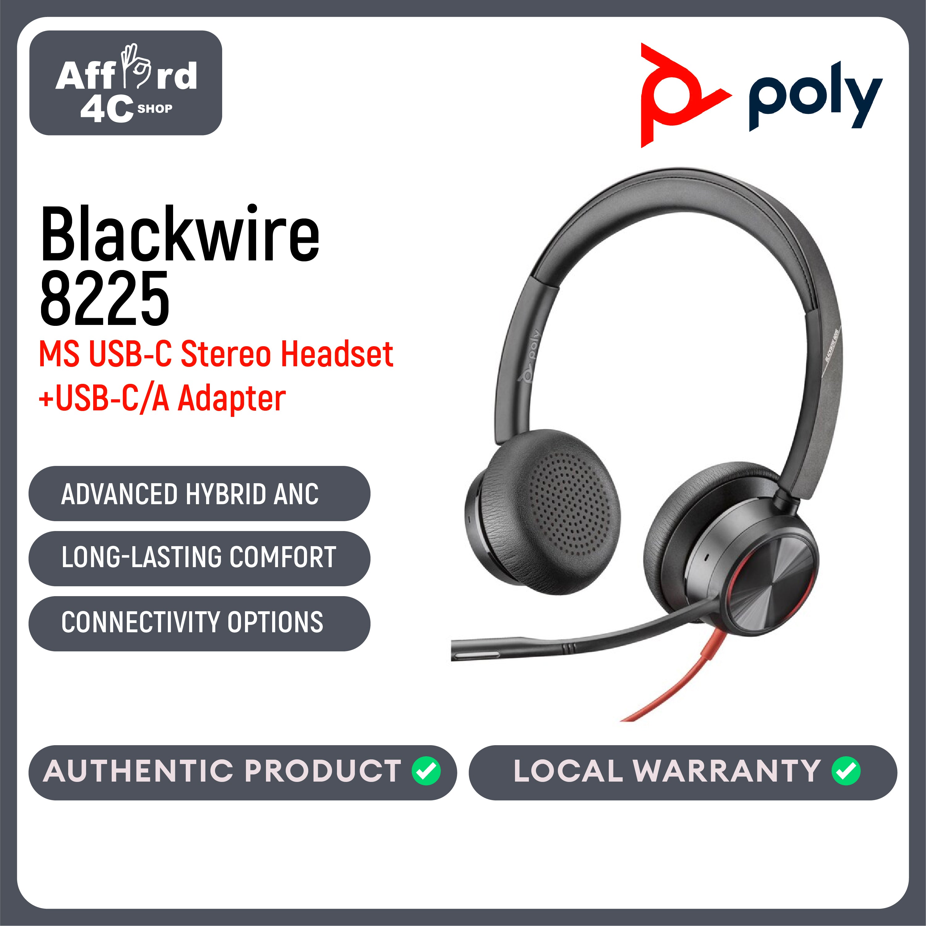 Poly Blackwire 8225 Stereo Microsoft Teams Certified USB-C Headset +USB-C/A Adapter