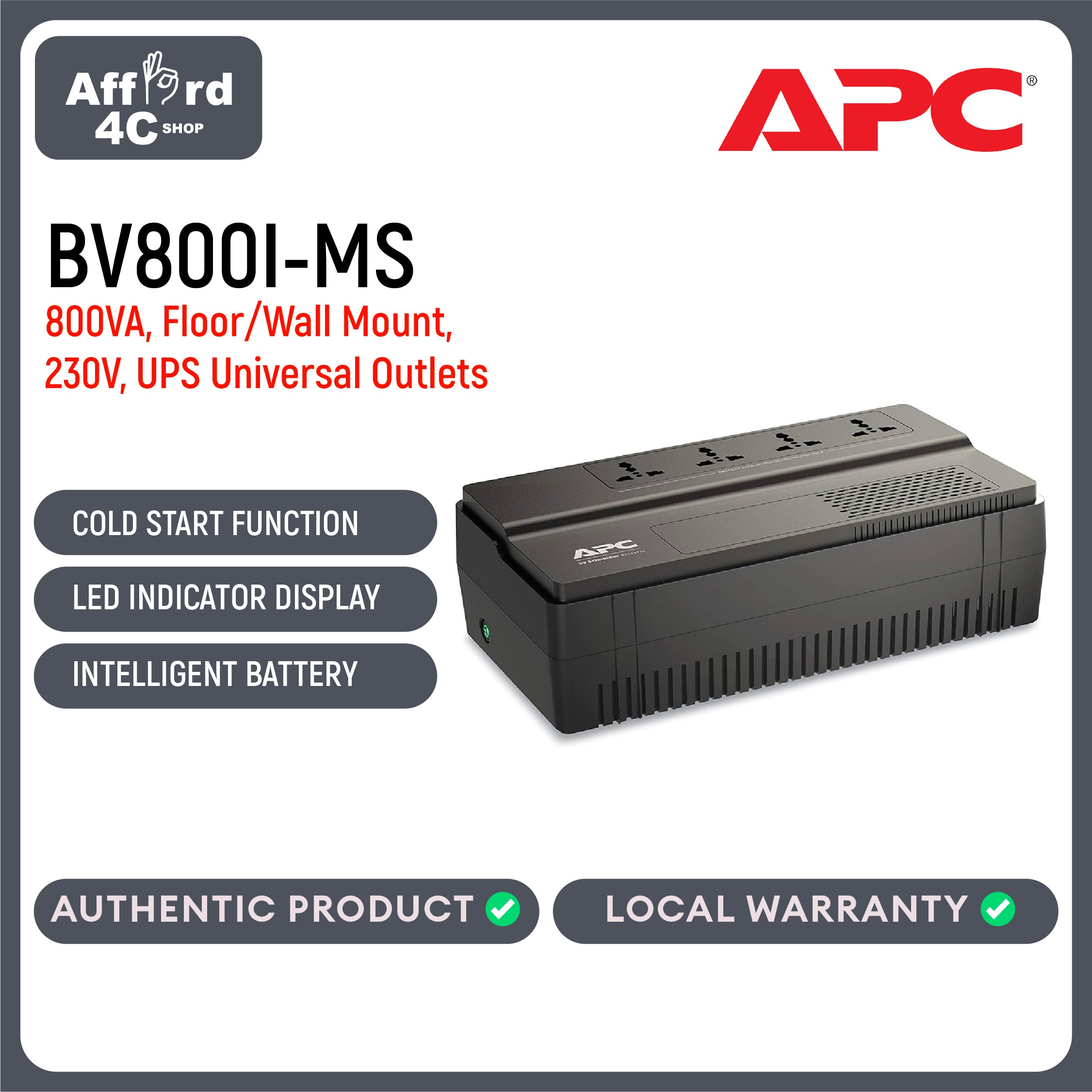 APC BV800I-MS 800VA / 450W | Line Interactive | Floor Type / Wall Mount | LED | 230Vac | Input Fuse | 4 - Universal Port