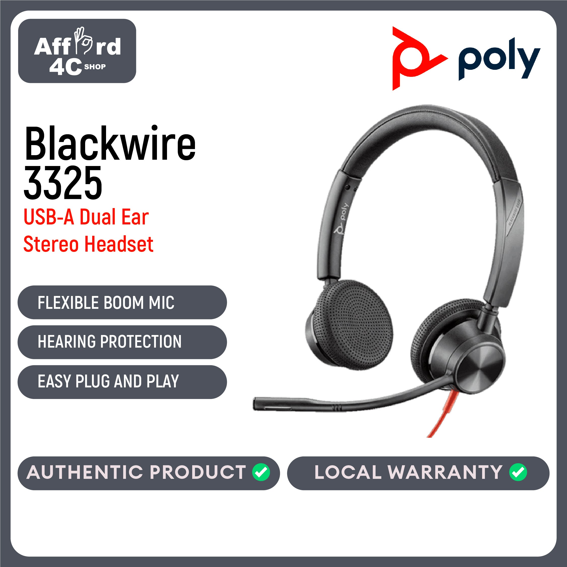 Poly Blackwire 3325 Stereo USB-C Headset +3.5mm Plug +USB-C/A Adapter (8X221AA)