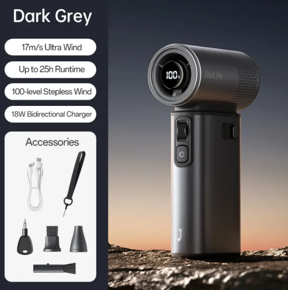 Jisulife Handheld Fan Ultra2 25-hour Long-lasting Strong Wind 9000mAh Rechargeable 5 in 1 Mini Fans 100 Speeds Flashlight Power bank Air Pump Outdoor Camping 18W Fast Charging