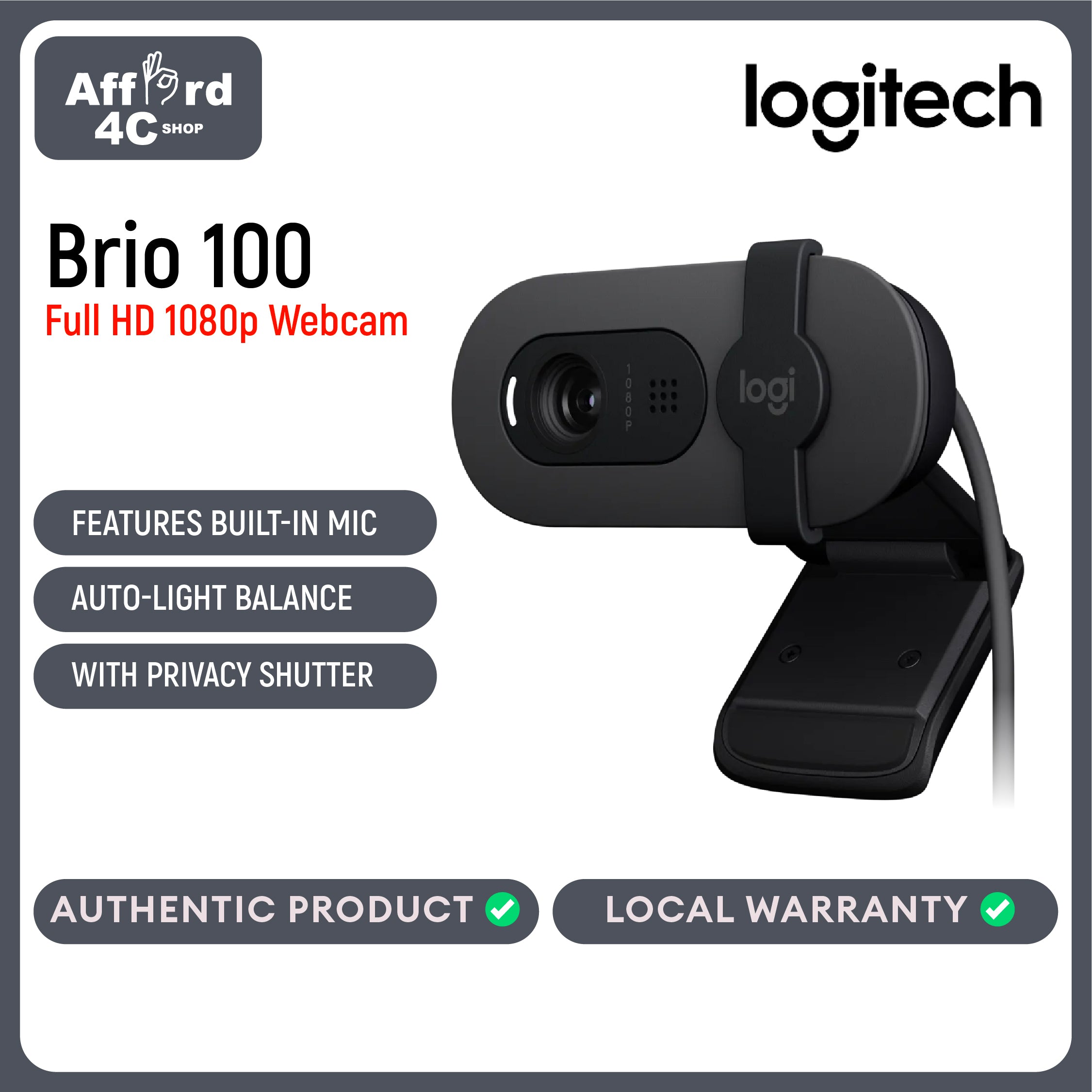 Logitech Brio 100 Full HD 1080p Webcam for Meetings, Streaming, Desktop, Laptop, PC - Built-in Mic, Shutter, USB-A, Teams, Zoom