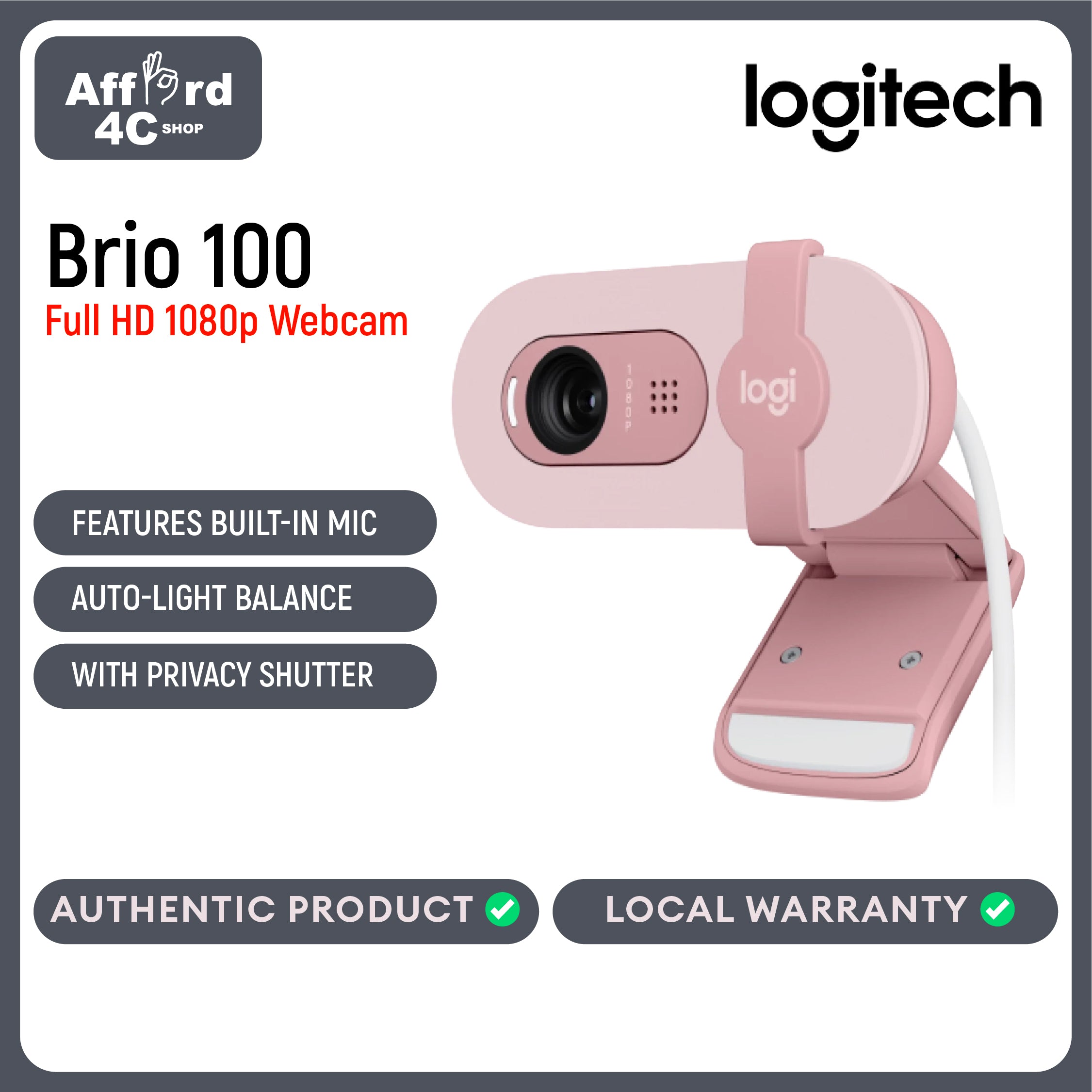 Logitech Brio 100 Full HD 1080p Webcam for Meetings, Streaming, Desktop, Laptop, PC - Built-in Mic, Shutter, USB-A, Teams, Zoom