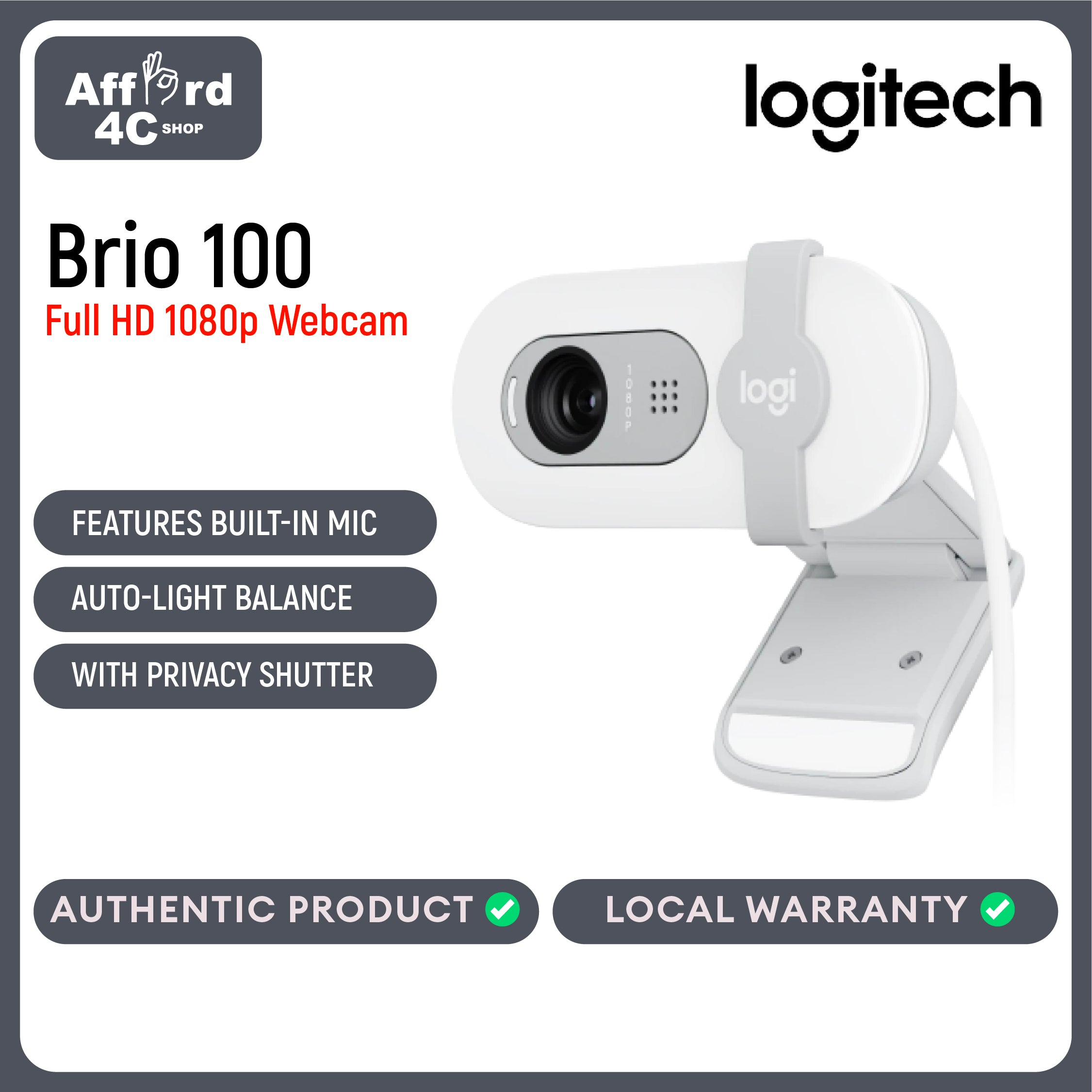 Logitech Brio 100 Full HD 1080p Webcam for Meetings, Streaming, Desktop, Laptop, PC - Built-in Mic, Shutter, USB-A, Teams, Zoom