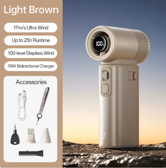 Jisulife Handheld Fan Ultra2 25-hour Long-lasting Strong Wind 9000mAh Rechargeable 5 in 1 Mini Fans 100 Speeds Flashlight Power bank Air Pump Outdoor Camping 18W Fast Charging