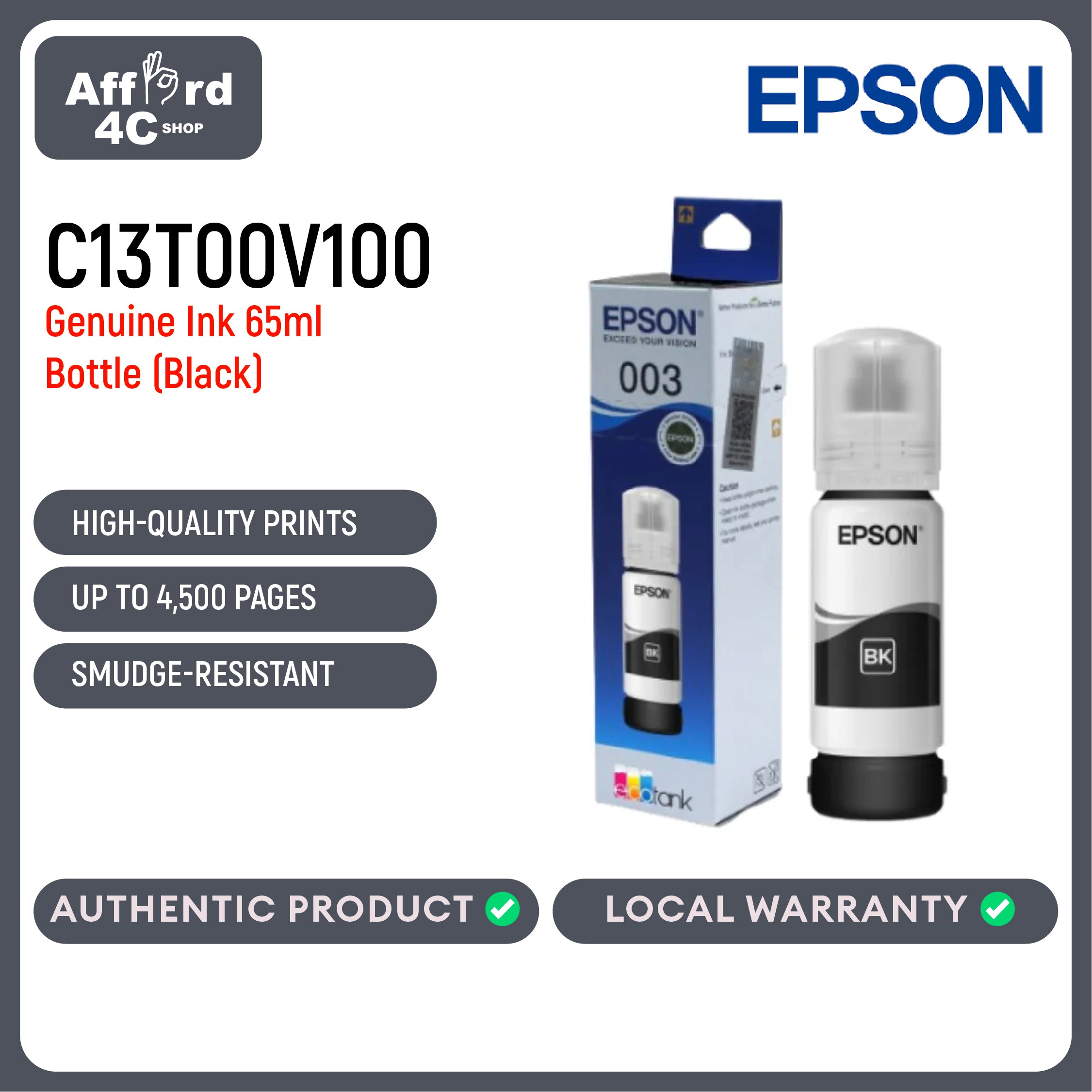 EPSON 003 BLACK Genuine Ink Bottle (C13T00V100)