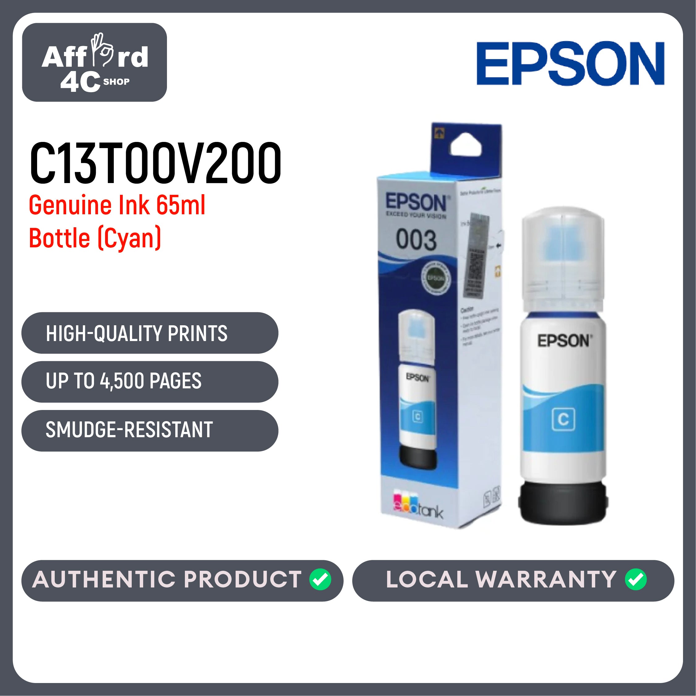 EPSON 003 CYAN Genuine Ink Bottle (C13T00V200)