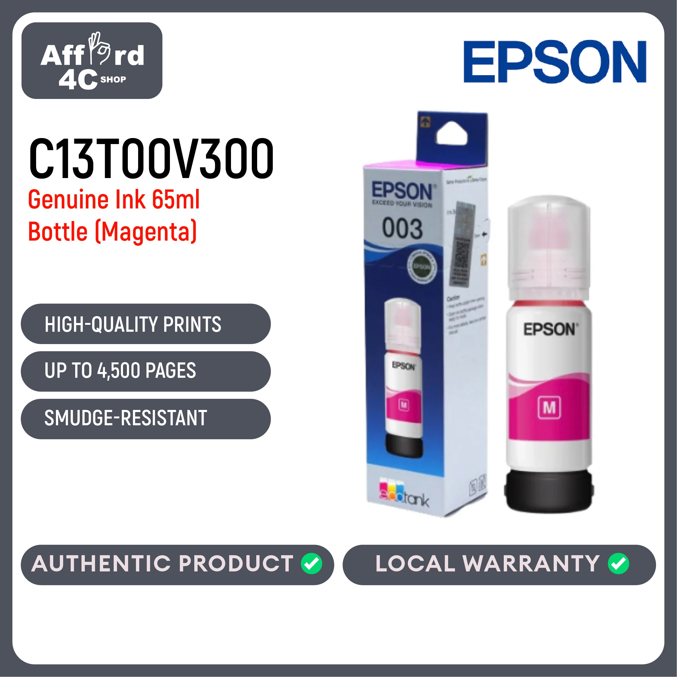EPSON 003 MAGENTA Genuine Ink Bottle (C13T00V300)
