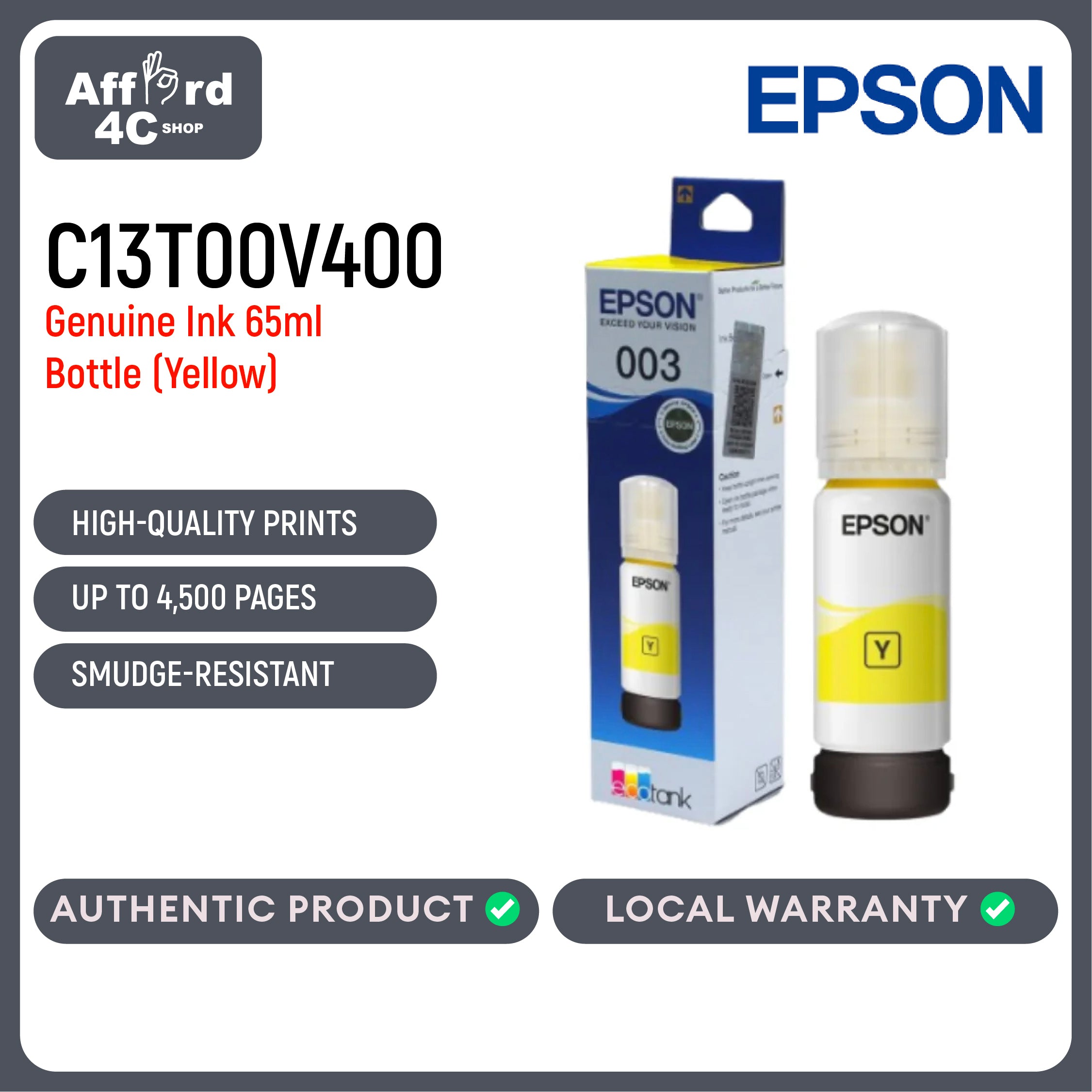 EPSON 003 YELLOW Genuine Ink Bottle (C13T00V400)