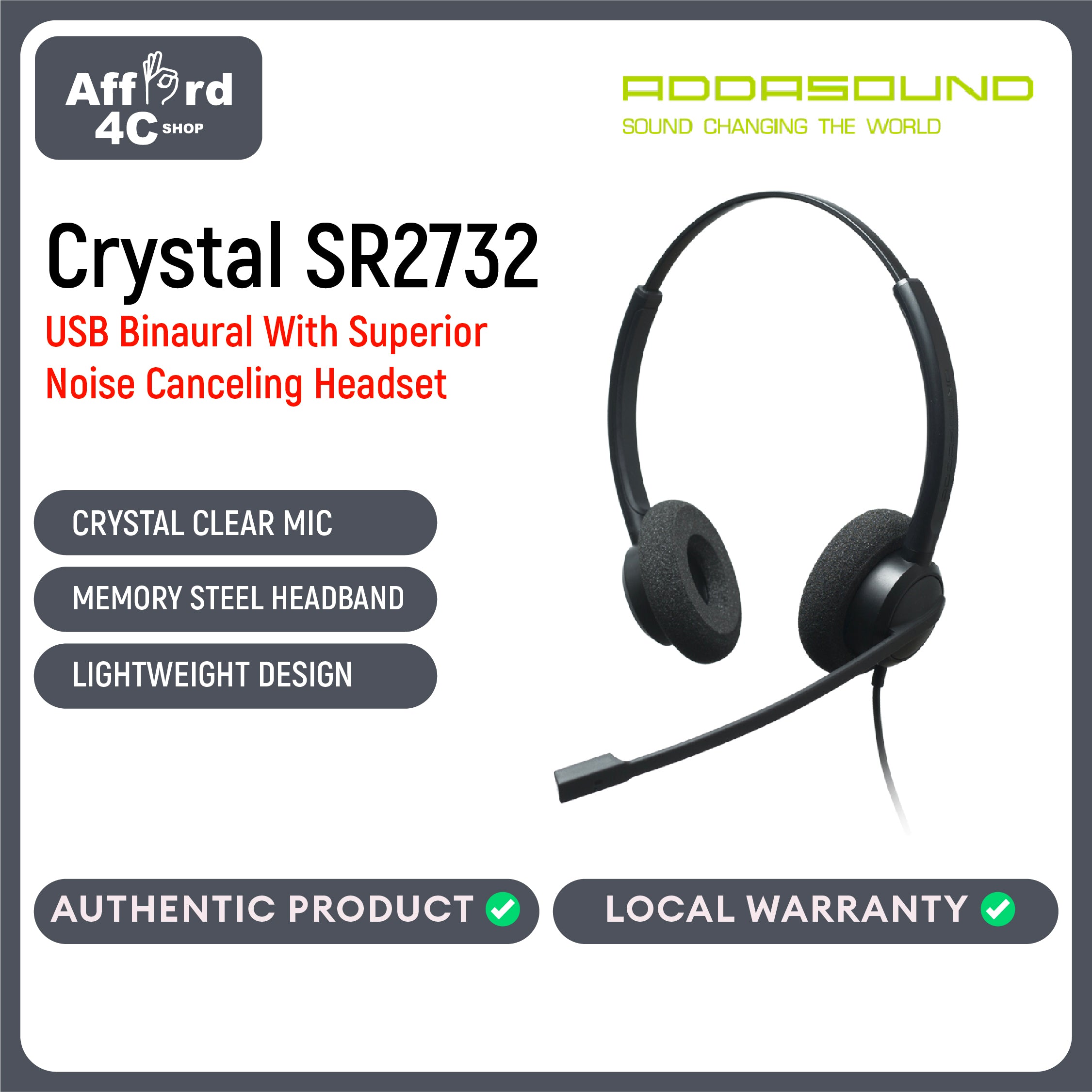 Addasound Crystal SR2732 USB Binaural With Superior Noise Canceling Headset