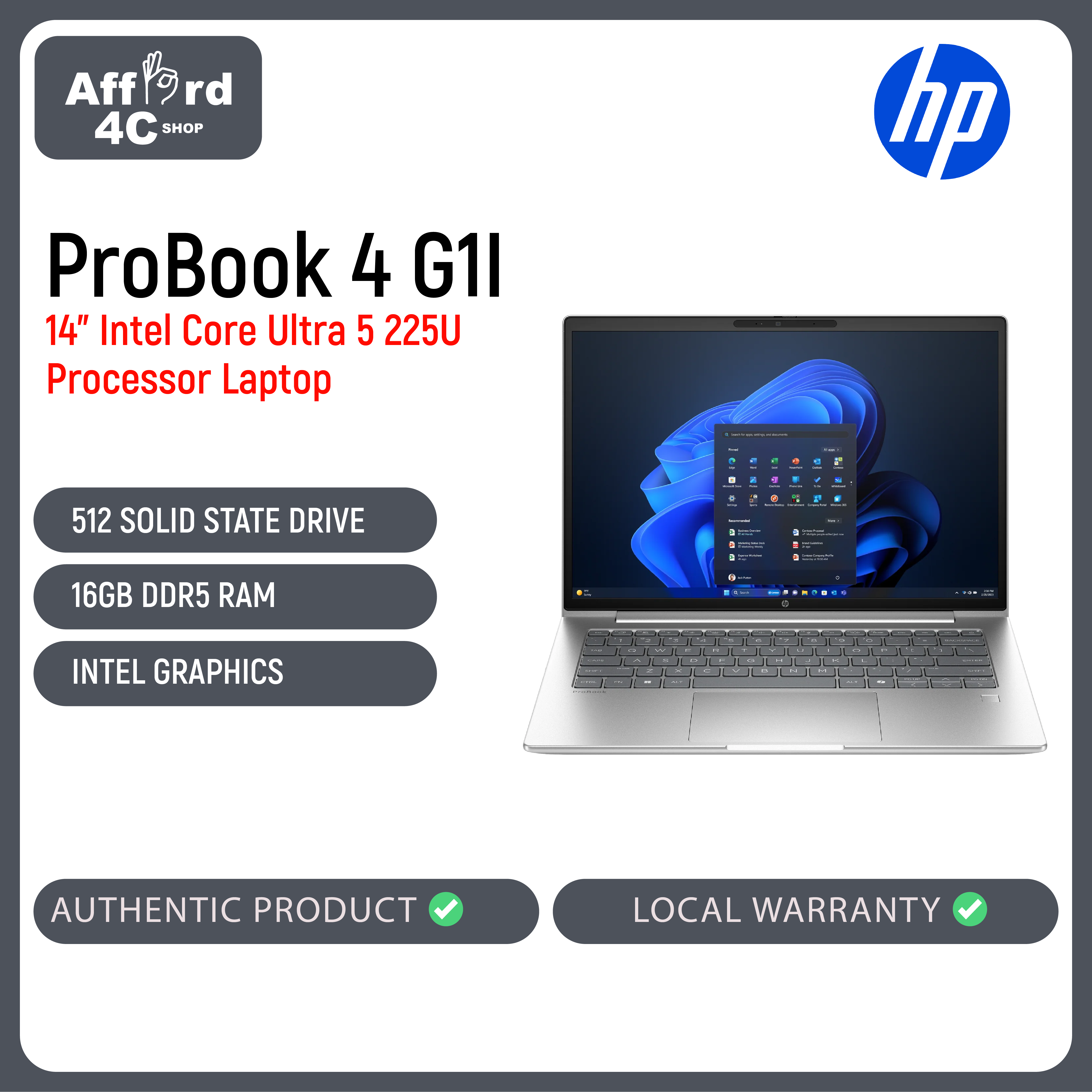 HP ProBook 4 G1i 14 Intel Ultra 5- 225U, 16GB RAM, 512SSD, Windows 11 Pro, 3 Years Pro Warranty (D60FWPT)