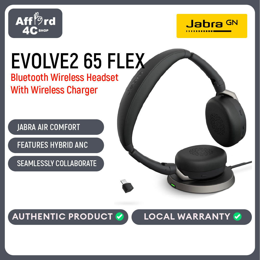 Jabra Evolve2 65 Flex Wireless Headset USB-C With Wireless Charger - Bluetooth Headphones , Noise-Cancelling ClearVoice Technology & Hybrid ANC