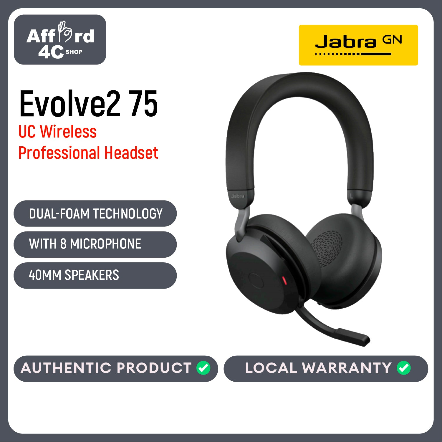 Jabra Evolve2 75 UC Wireless Headset with 8 Microphone Technology - Bluetooth Headphones Active Noise Cancellation, USB-C Bluetooth Adapter