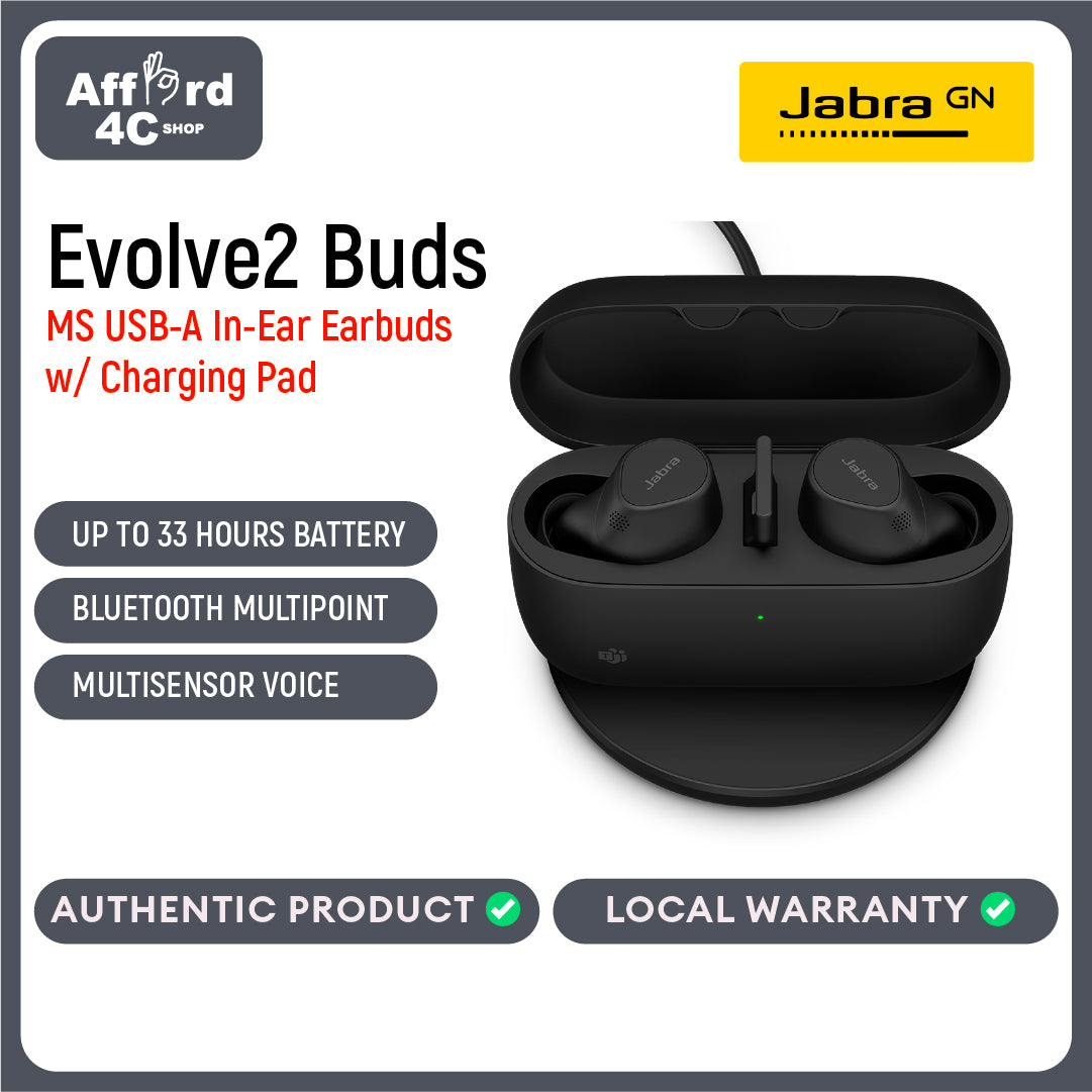 Jabra Evolve2 Buds, USB-A WLSSCHPD, Wireless charging Pad Active Noise-Cancellation