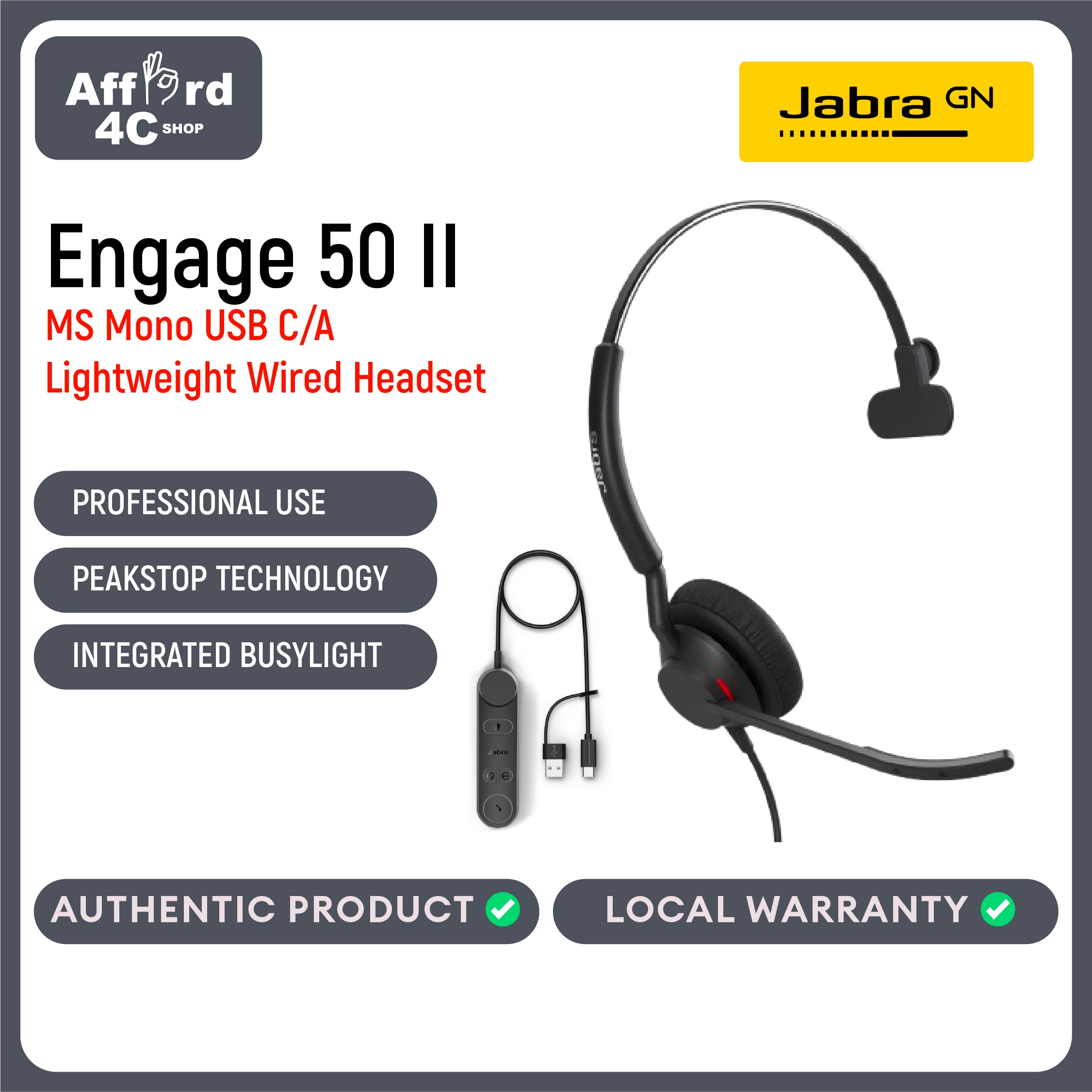 Jabra Engage 50 II MS Mono USB-C/A Headset w/ Link Controller Noise-Cancelling 3-Mic Technology, Ultra-Lightweight Design