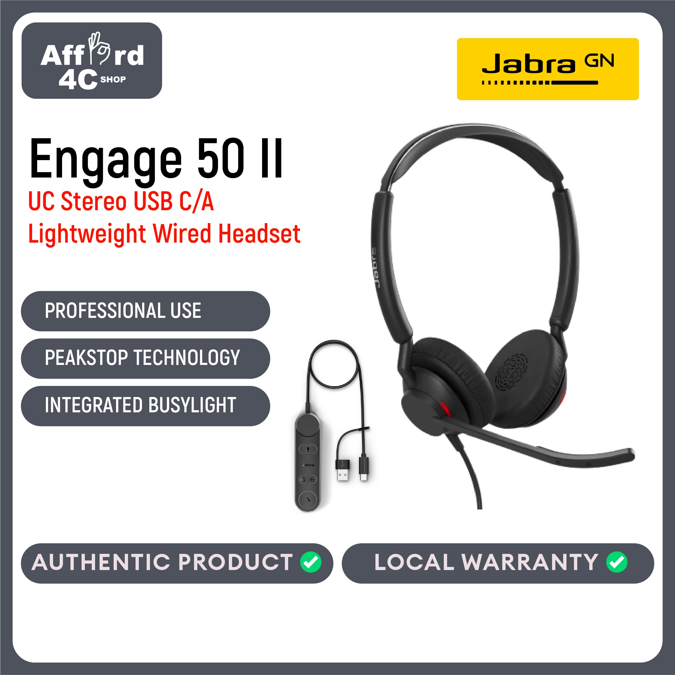 Jabra Engage 50 II UC Wired Stereo USB-C/A Headset with Link Call Control - Noise-Cancelling 3-Mic Technology