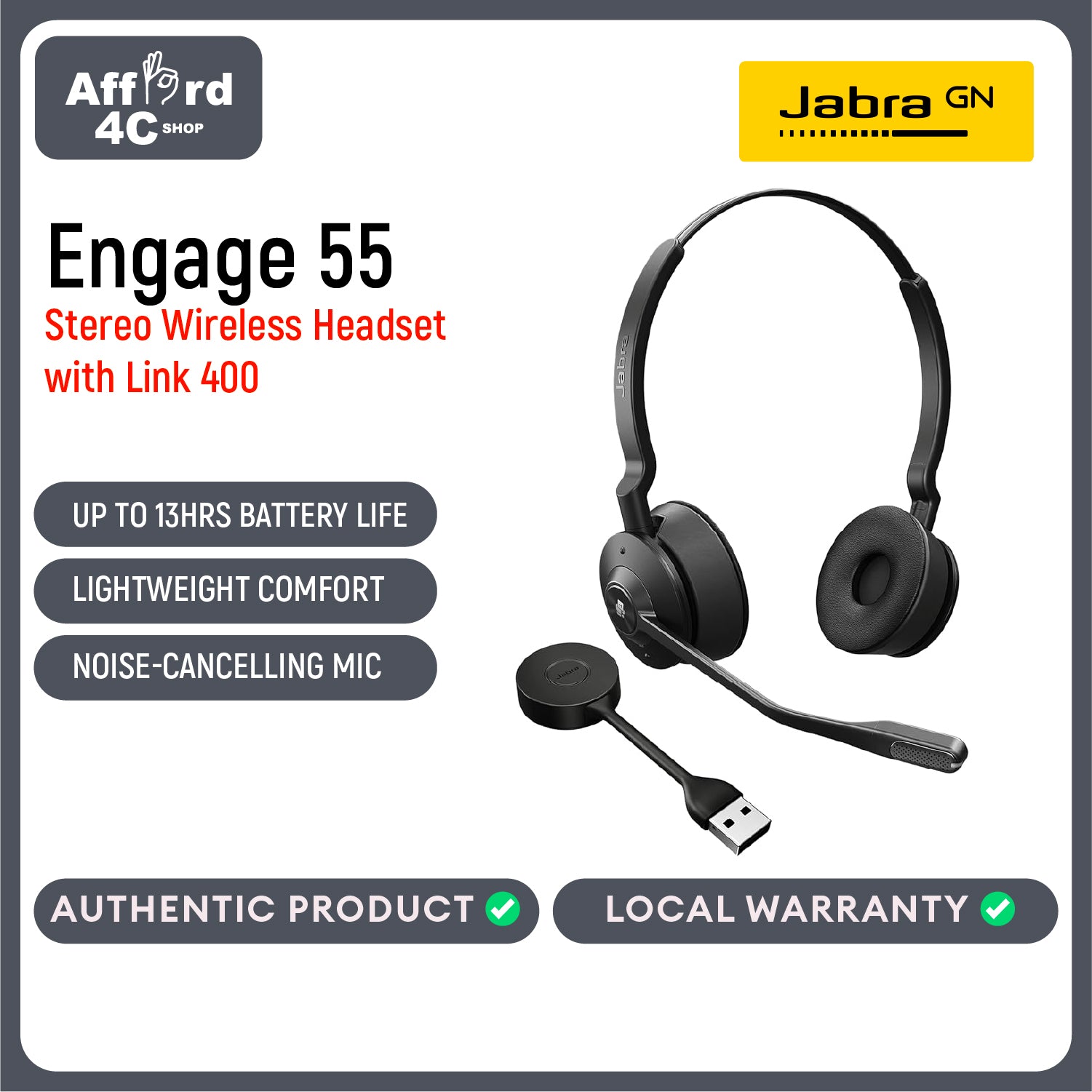 Jabra Engage 55 Stereo Wireless Headset with Link 400 USB-A DECT Adapter – Noise-Cancelling Microphone, Extensive Range, Hearing Protection – MS Teams Certified, Works with All Other Platforms