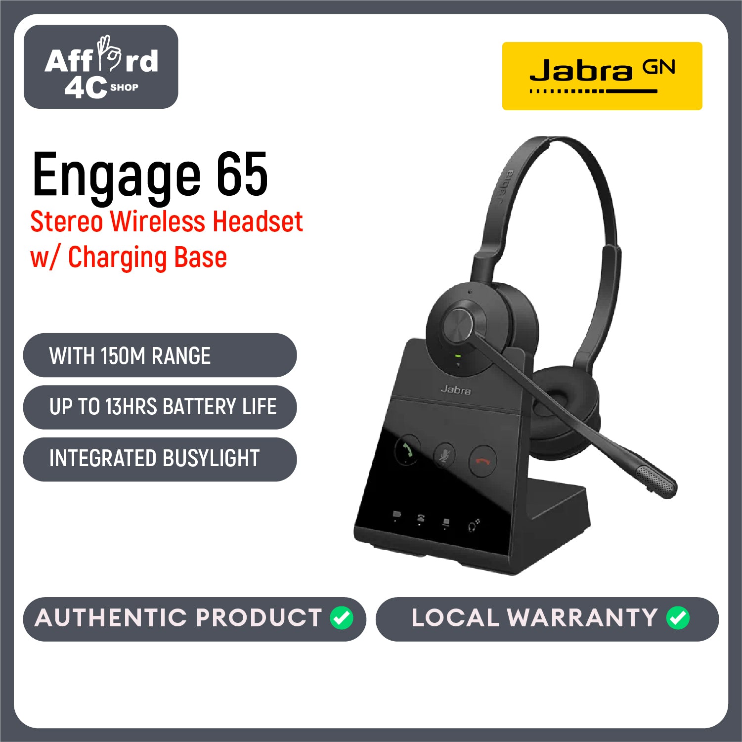 Jabra Engage 65 Stereo Wireless Noise Cancelling Headset With Charging Base (PH DECT Version)