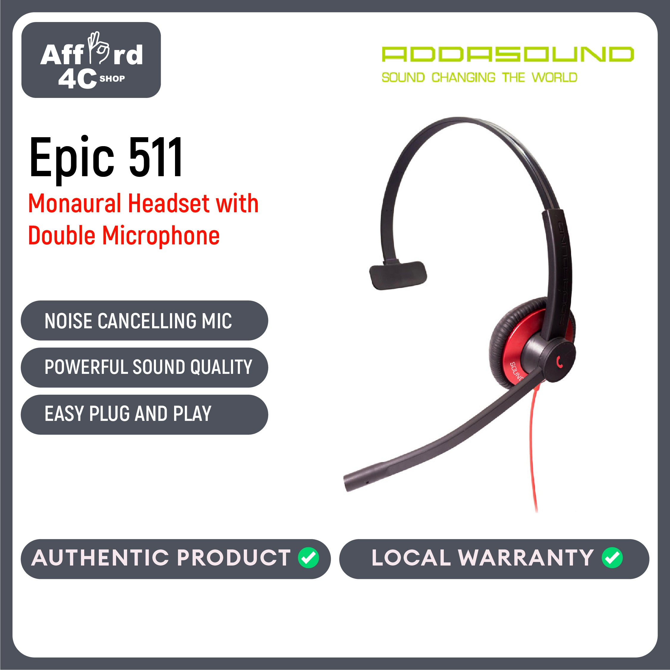 Addasound Epic 511 Monaural Headset with Double Microphone Noise Canceling for Extreme Noisy Working Environments