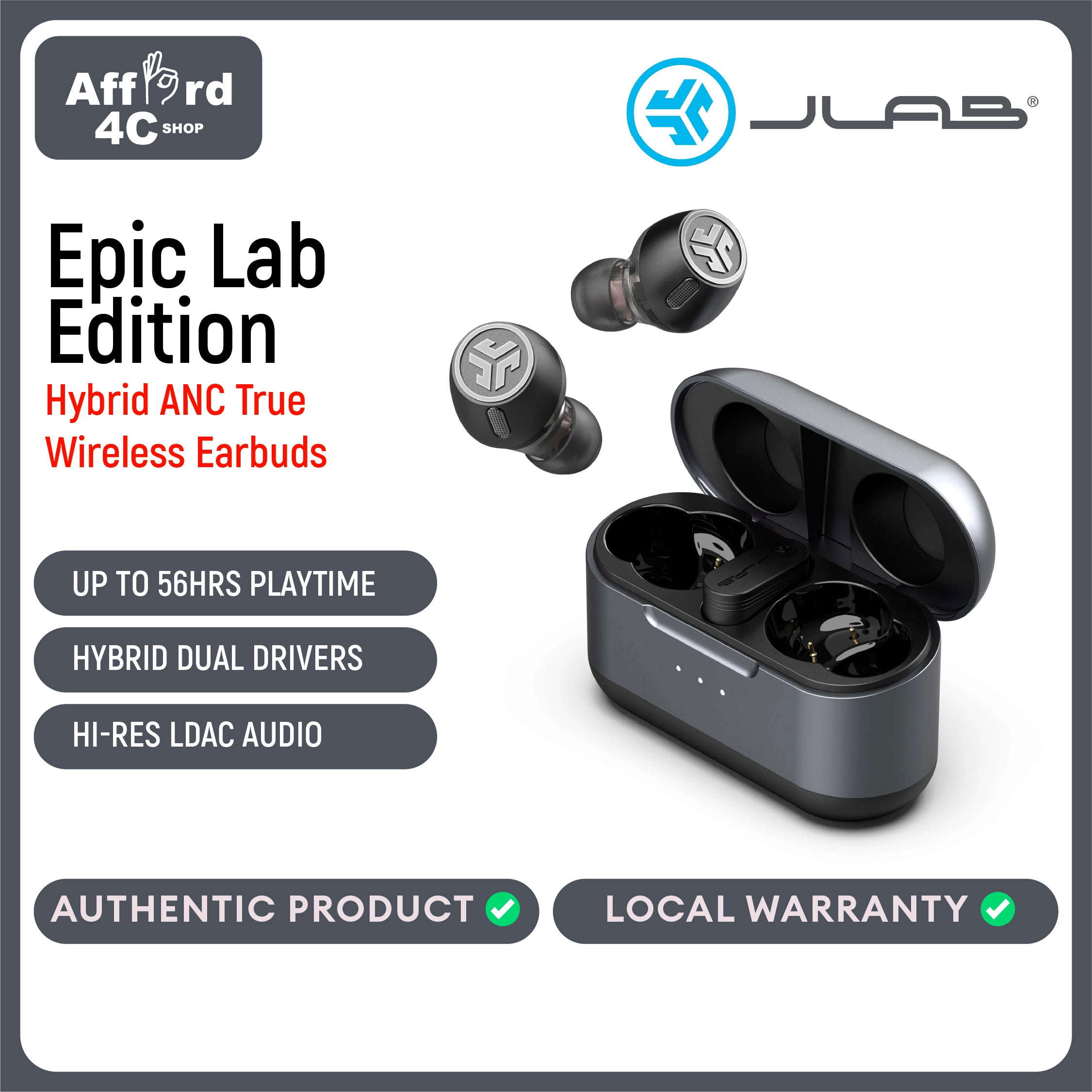 JLab Epic Lab Edition True Wireless Earbuds, Hybrid Dual Drivers, Spatial Audio, Multipoint BT, Wireless or USB-C Charging, Wear Detect Auto Play/Pause, Google Fast Pair