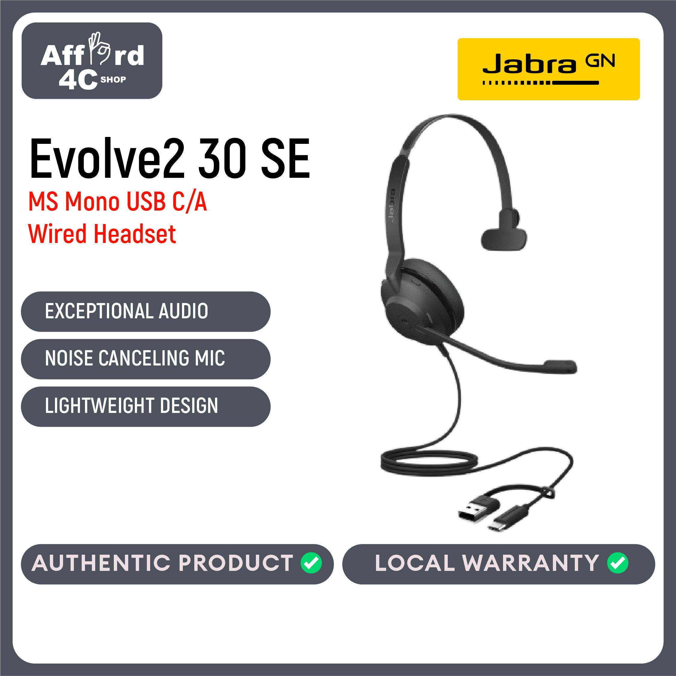 Jabra Evolve2 30 MS SE Mono USB-A or USB-C/A Passive Noise Cancelling Wired Headsets