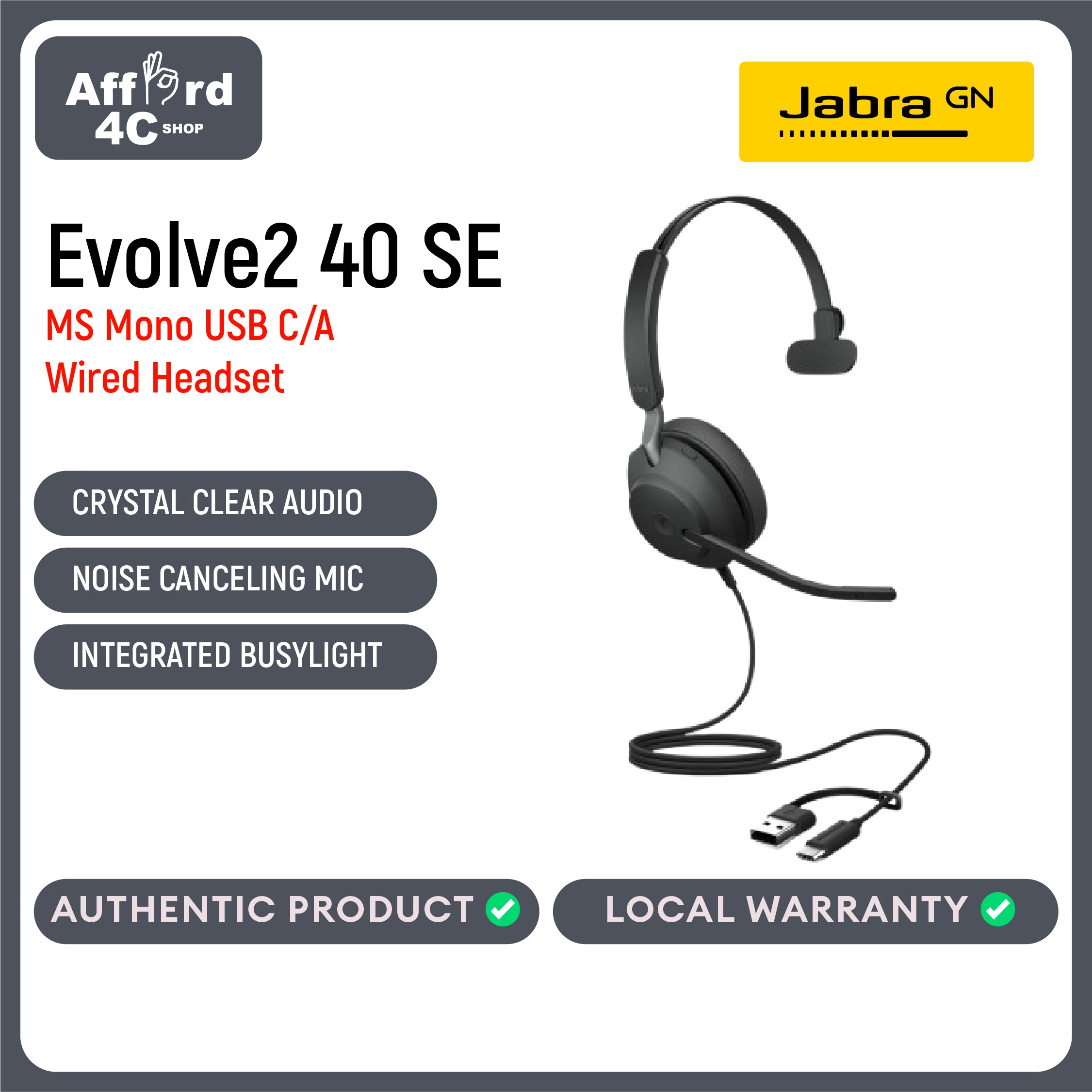 Jabra Evolve2 40 SE MS USB-C or USB-C/A Wired Mono Noise-Cancelling Headset - Features 3-Mic Call Technology