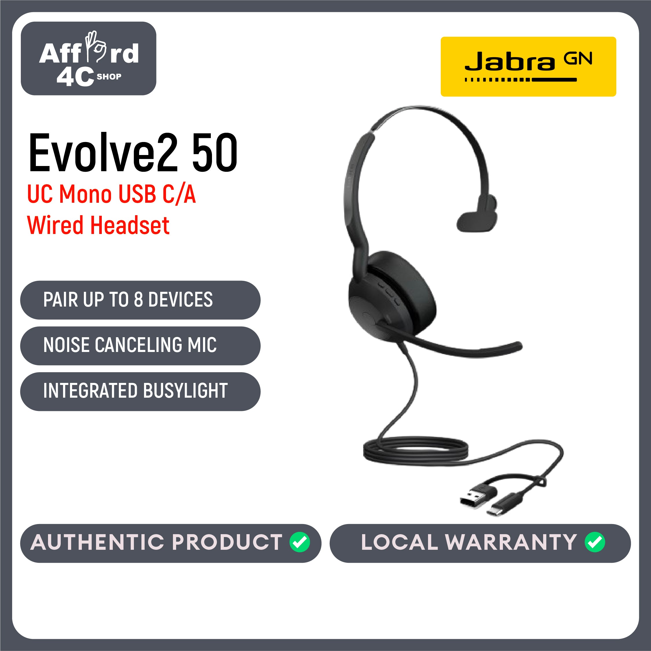Jabra Evolve2 50 UC Wired/Bluetooth USB-C or USB-C/A Mono Headset - with AirComfort Technology