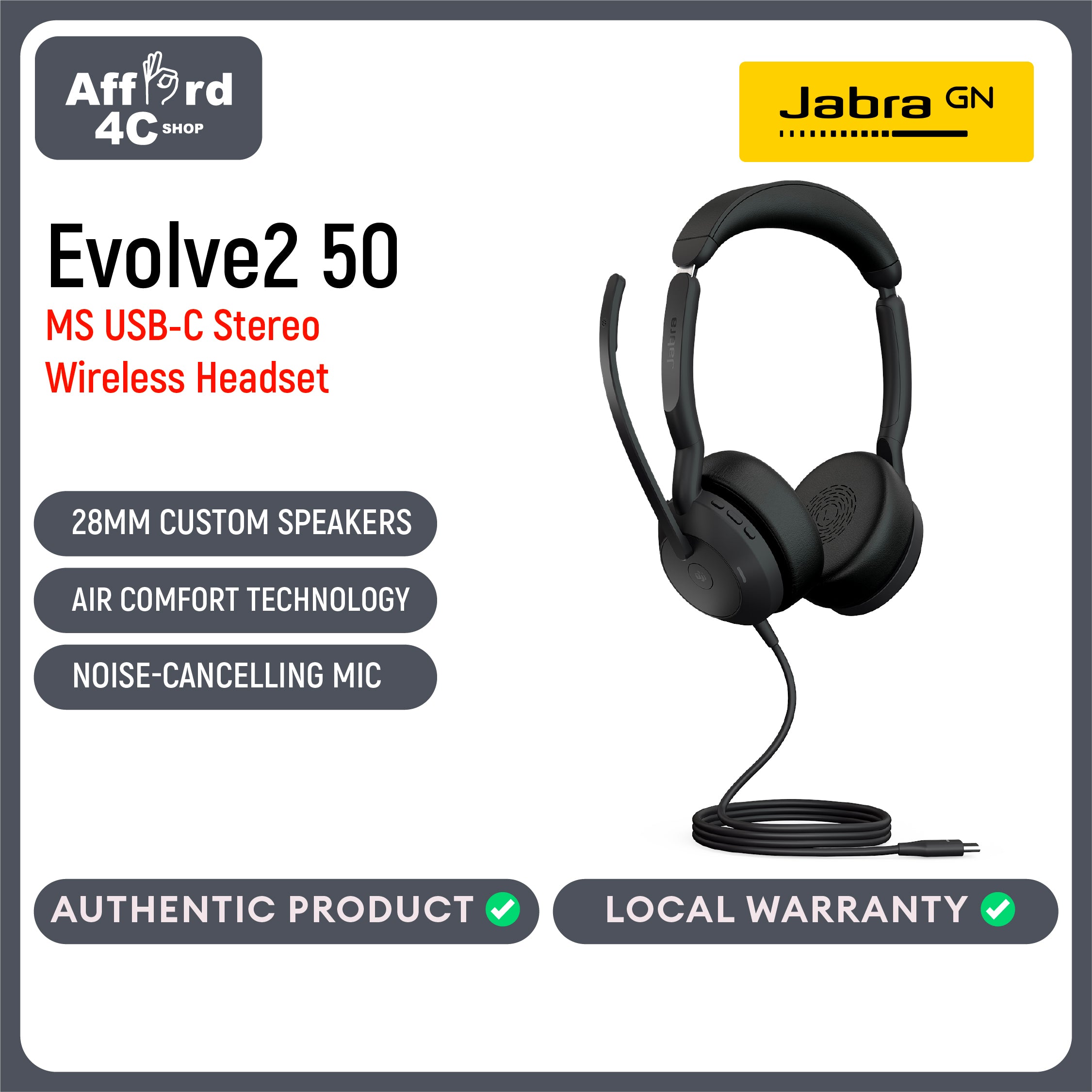 Jabra Evolve2 50 Wired/Bluetooth Stereo USB-C Headset - with AirComfort Technology, Noise-Cancelling Mics & Active Noise Cancellation