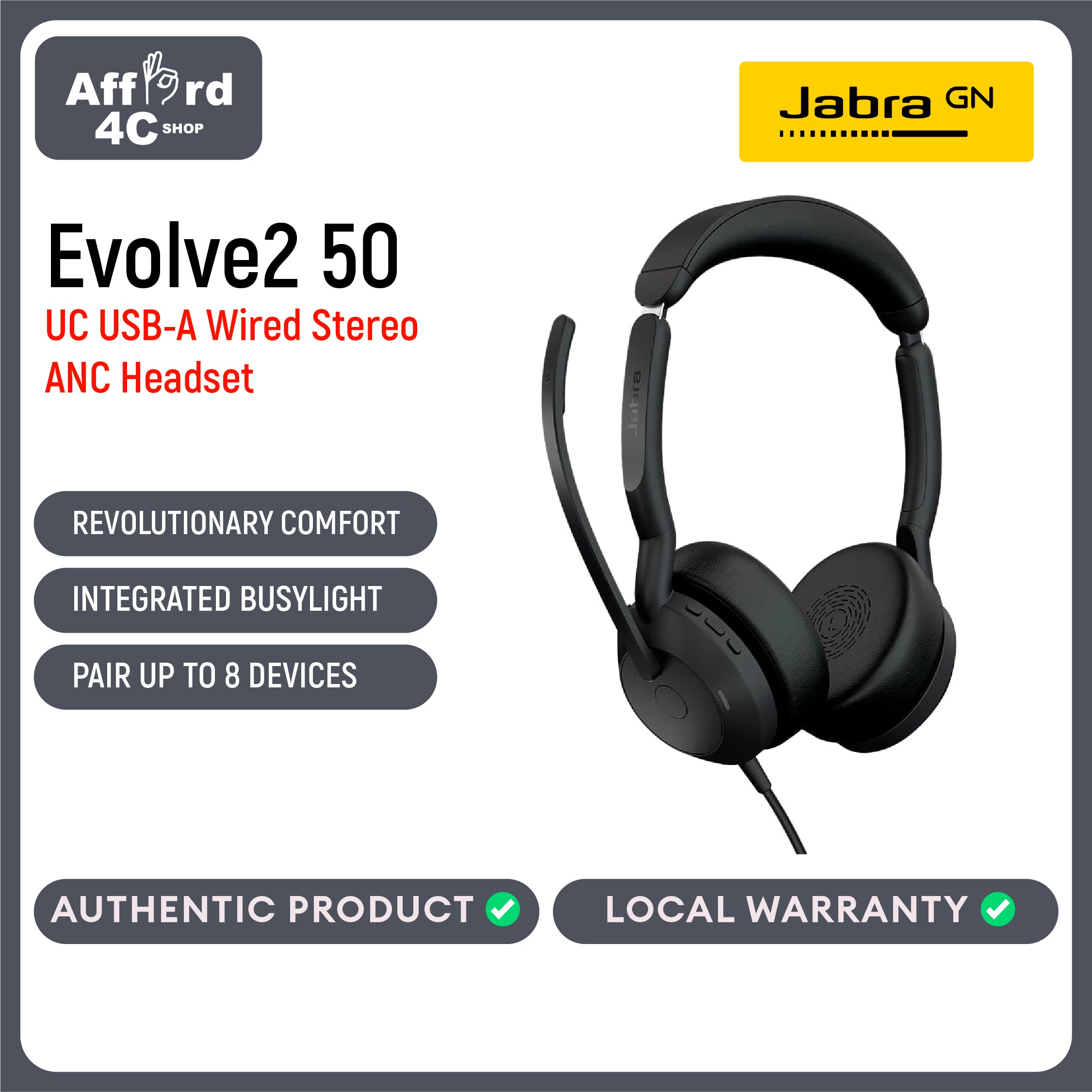 Jabra Evolve2 50 UC USB-A or USB-C/A Wired/Bluetooth Stereo Headset - with AirComfort Technology