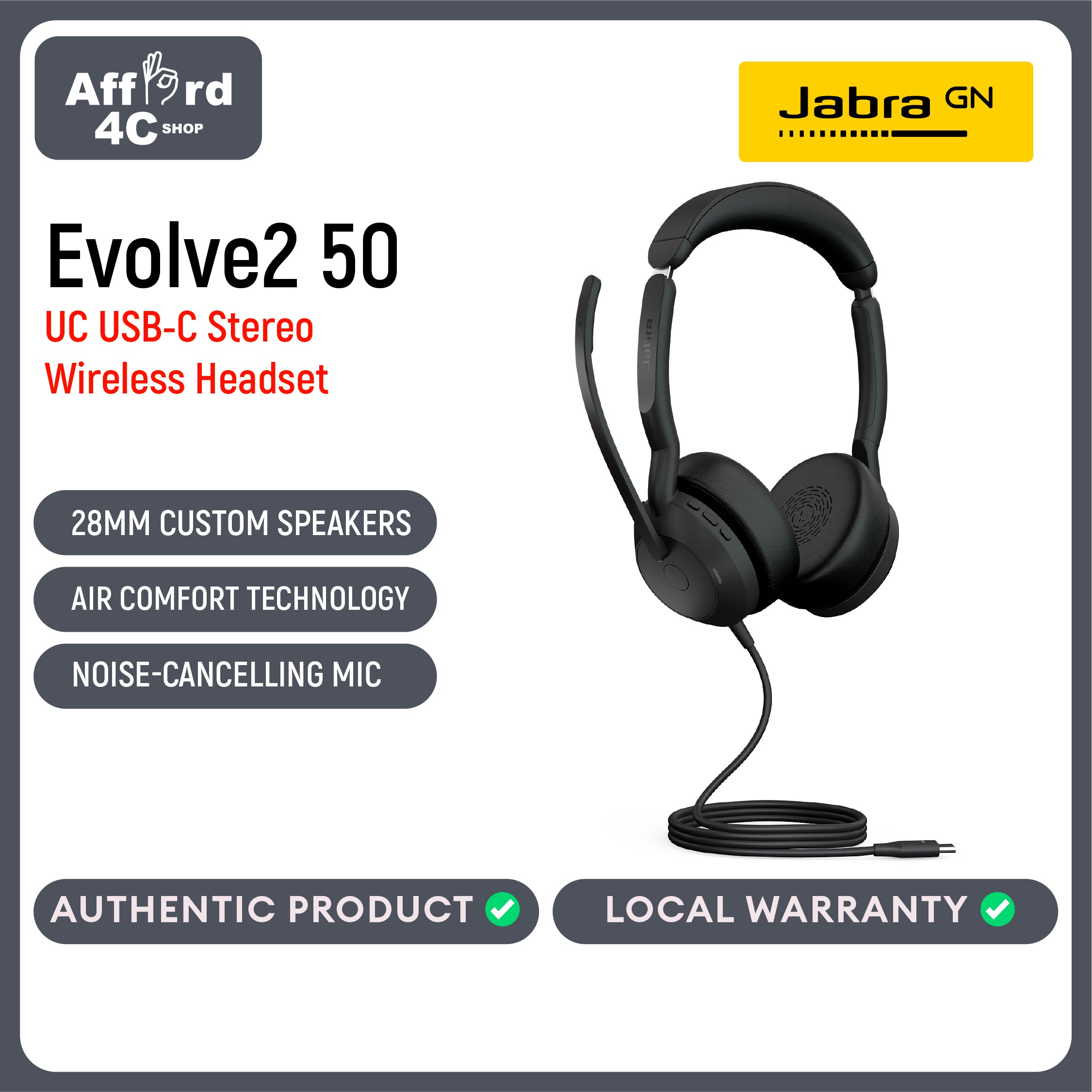 Jabra Evolve2 50 Wired/Bluetooth Stereo USB-C Headset - with AirComfort Technology, Noise-Cancelling Mics & Active Noise Cancellation