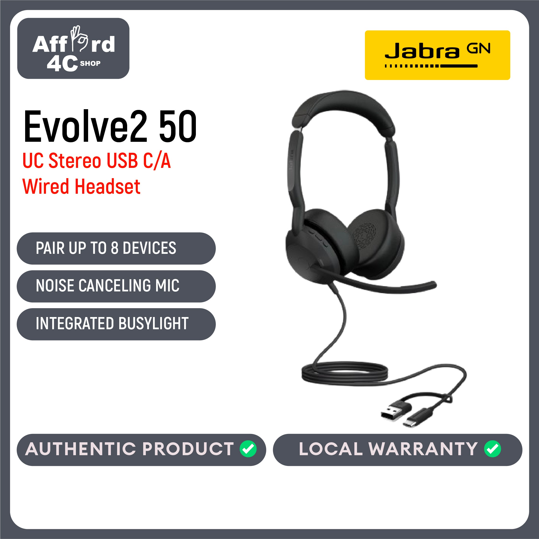 Jabra Evolve2 50 UC USB-A or USB-C/A Wired/Bluetooth Stereo Headset - with AirComfort Technology
