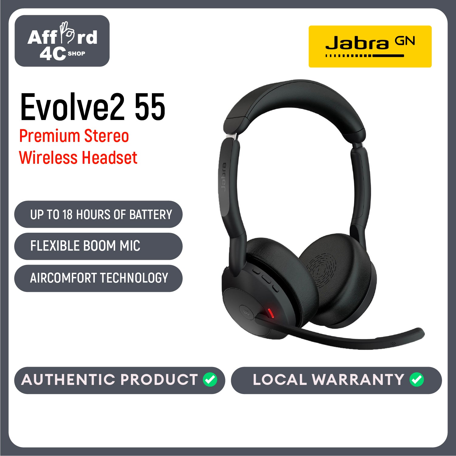 Jabra Evolve2 55 Stereo Wireless Headset with AirComfort Technology, Noise-Cancelling Mics & Active