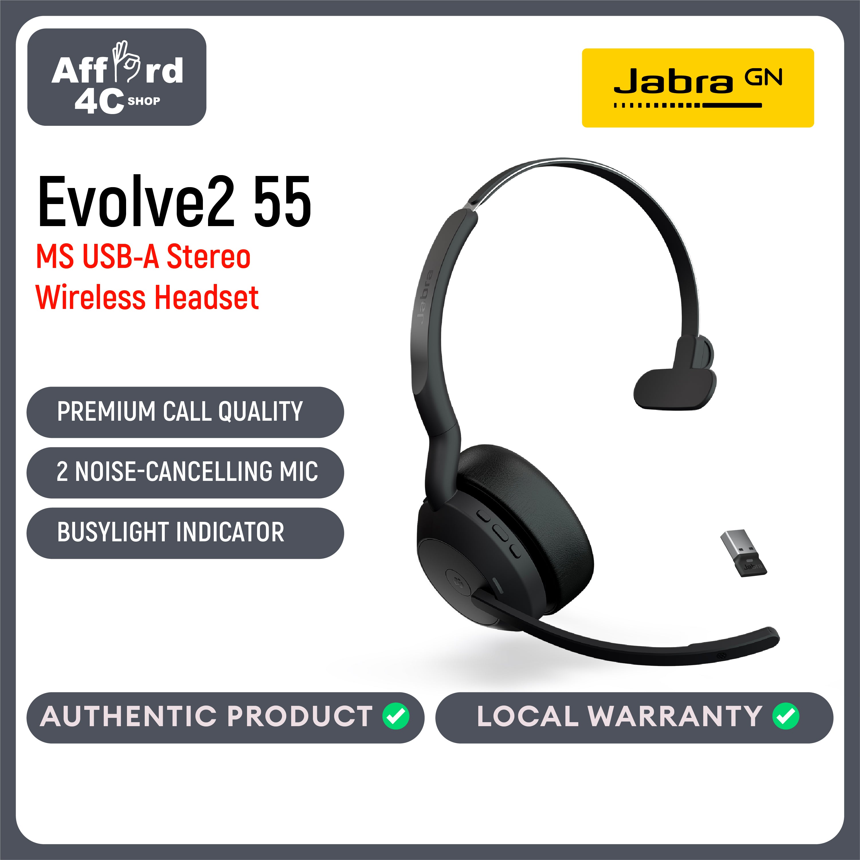 Jabra Evolve2 55 Mono with Link 380 USB-A Wireless Headset - Features AirComfort Technology, Noise-Cancelling Mics & Active Noise Cancellation