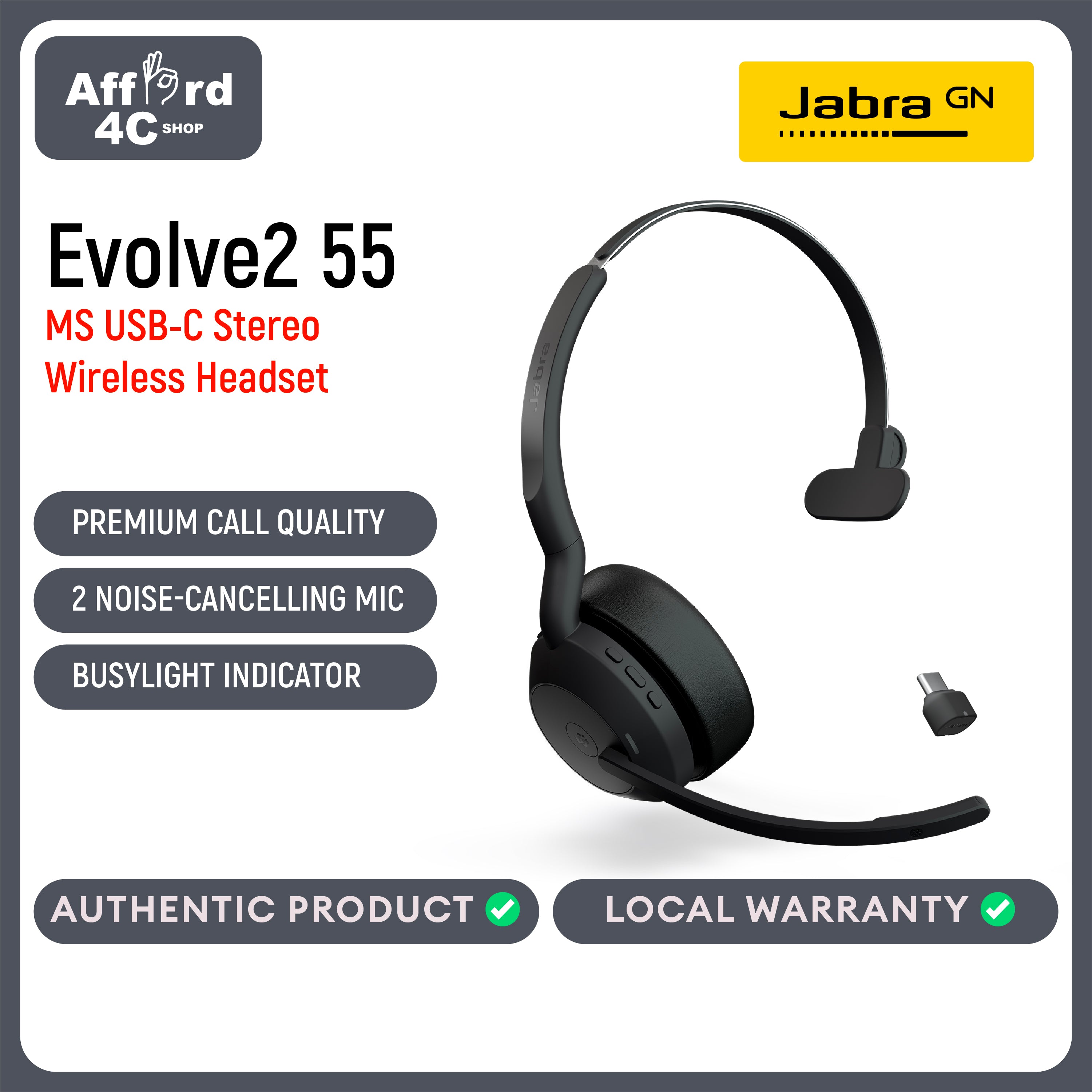 Jabra Evolve2 55 Mono with Link 380 USB-C Wireless Headset - Features AirComfort Technology, Noise-Cancelling Mics & Active Noise Cancellation