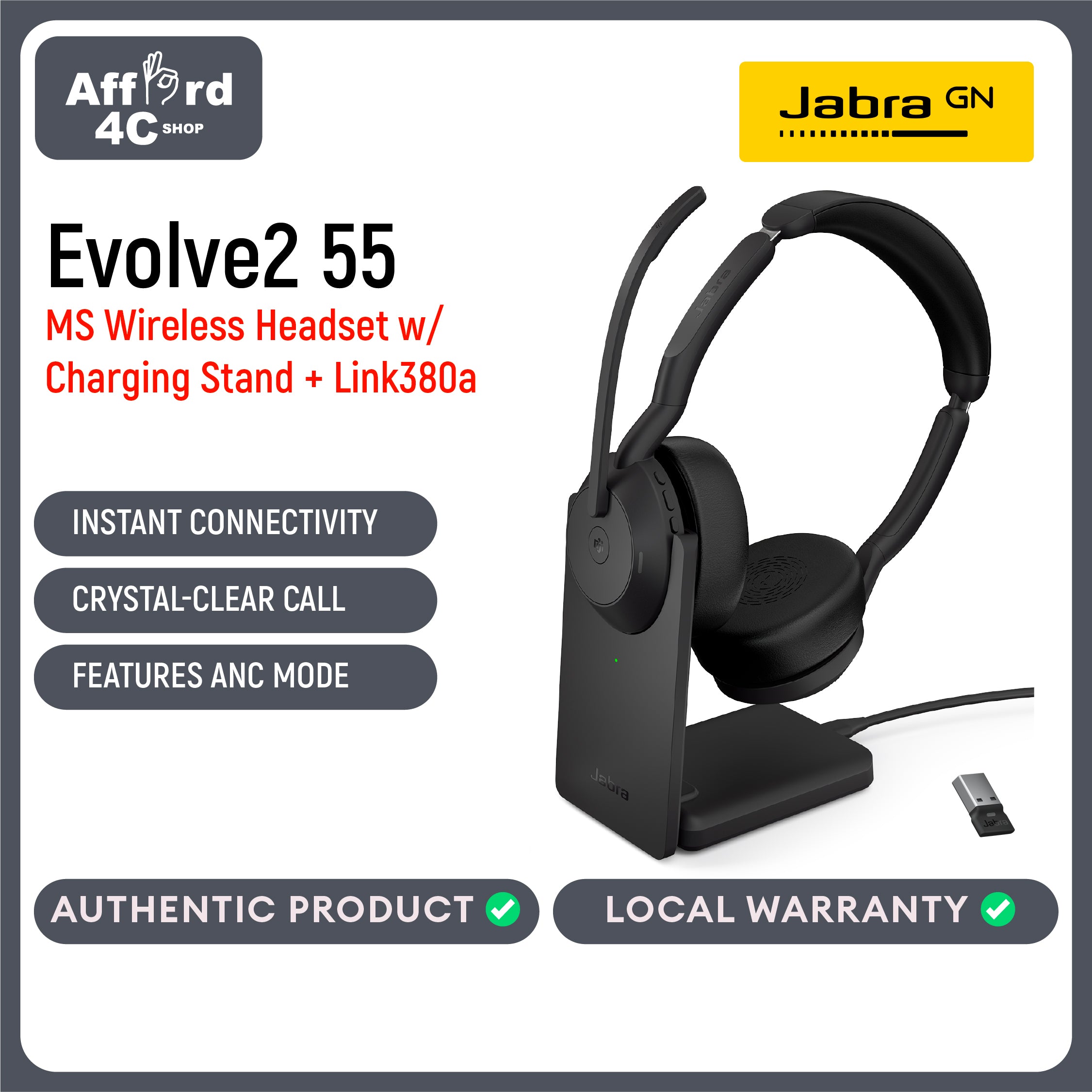 Jabra Evolve2 55 Stereo Wireless Headset Link 380 USB-A with Charging Stand AirComfort Technology, Noise-Cancelling Mics & Active Noise Cancellation