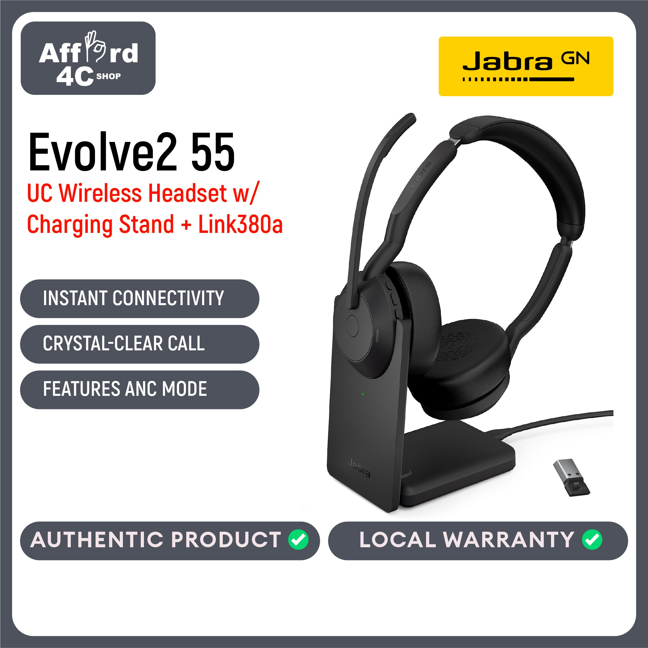 Jabra Evolve2 55 Stereo Wireless Headset Link 380 USB-A with Charging Stand AirComfort Technology, Noise-Cancelling Mics & Active Noise Cancellation
