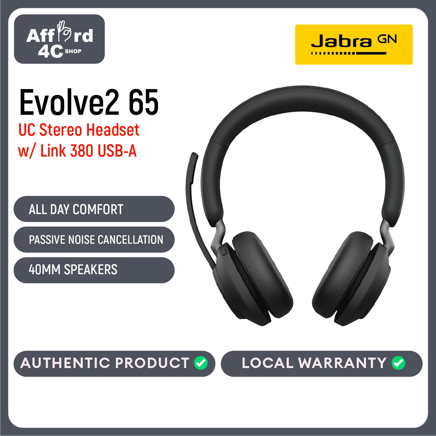 Jabra Evolve2 65 UC Stereo Headset With Link 380 USB-A Wireless Adapter (Black)